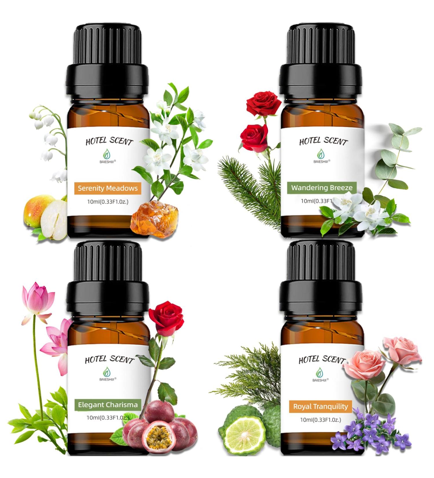 Luxury Hotel Inspired Essential Oil Set - Wandering Breeze Elegant Charisma Serenity Meadows & Royal Tranquility - 10ML Diffuser Oils for Home & Travel - Buy Online on GoSupps.com
