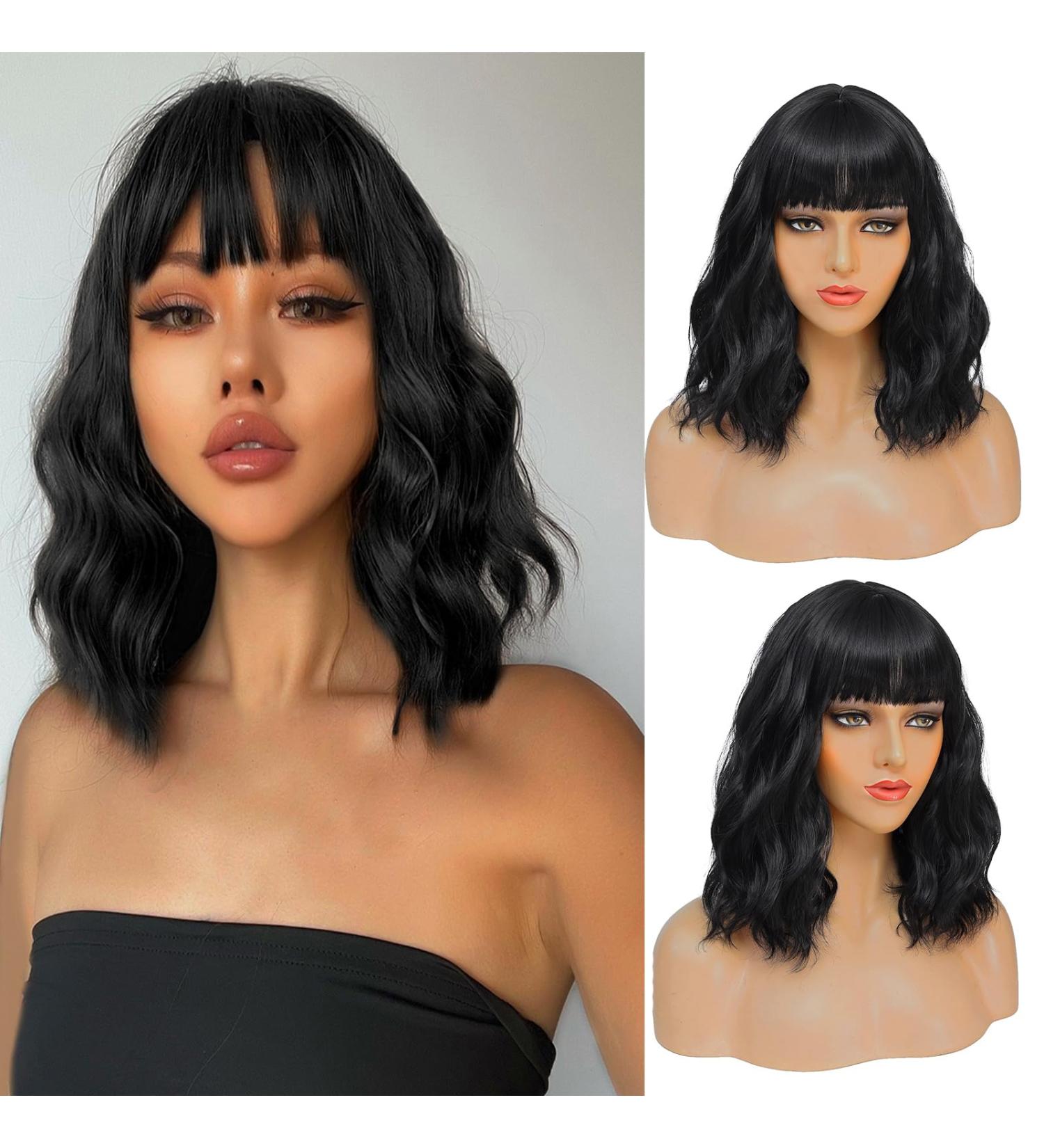 CAIXIU HAIR Short Black Bob Wig with Bangs - 14 Inch Natural Wavy Hair for Women - Perfect for Daily Wear, Parties, and Cosplay - Buy Online on GoSupps.com