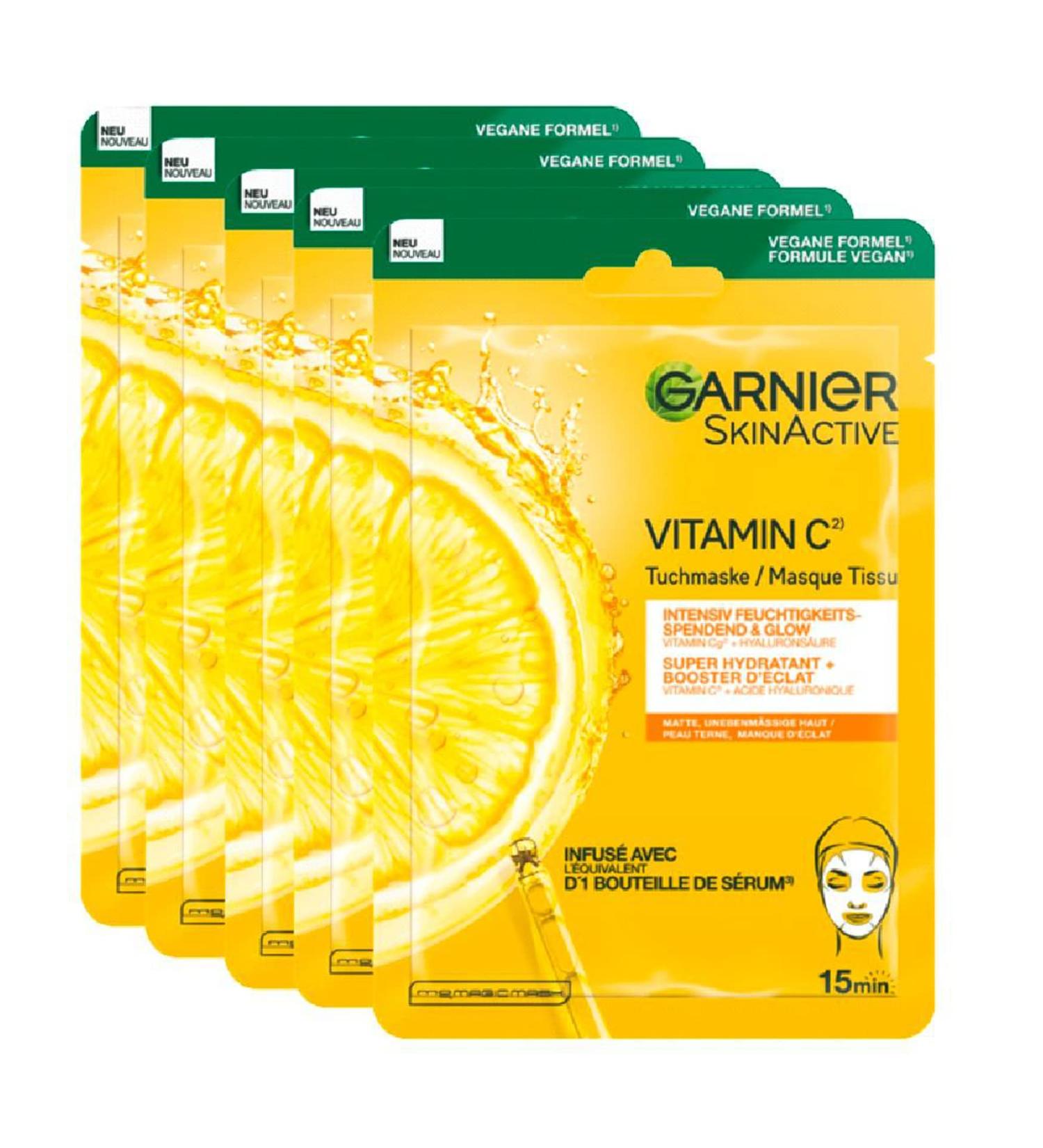Garnier Moisturizing Cloth Masks for Sensitive Skin - Hyaluronic Acid & Vitamin C - Radiant Glow - SkinActive (5 x 1 Masks) - International Shipping - Buy Online on GoSupps.com