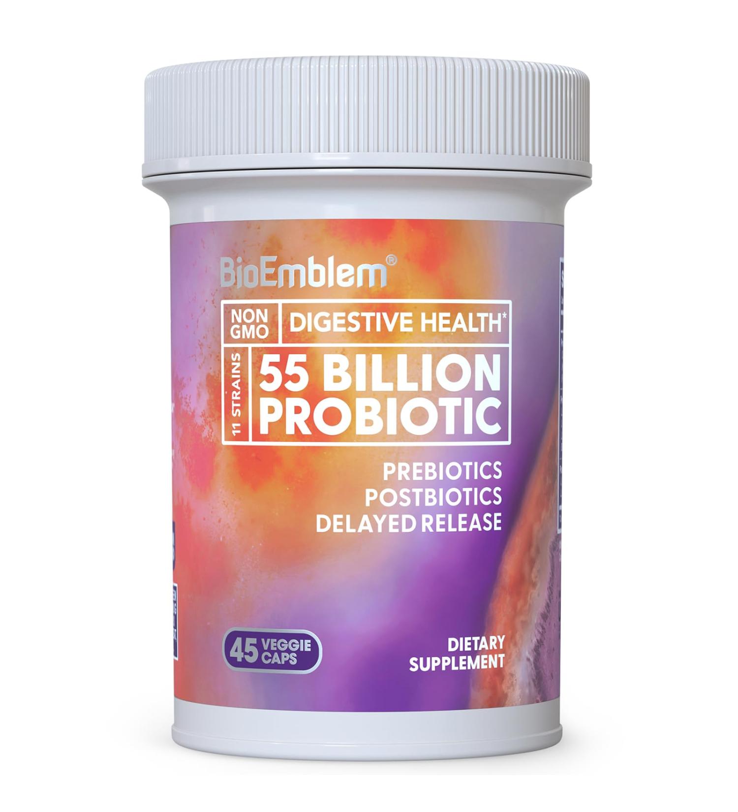 BioEmblem Probiotics for Women & Men 55 Billion CFU | 11 Strains with Prebiotics & Postbiotics | Jerusalem Artichoke & Inulin | Digestive & Immune Support Nutrient Absorption | Non-GMO,45 Capsules - Buy Online on GoSupps.com