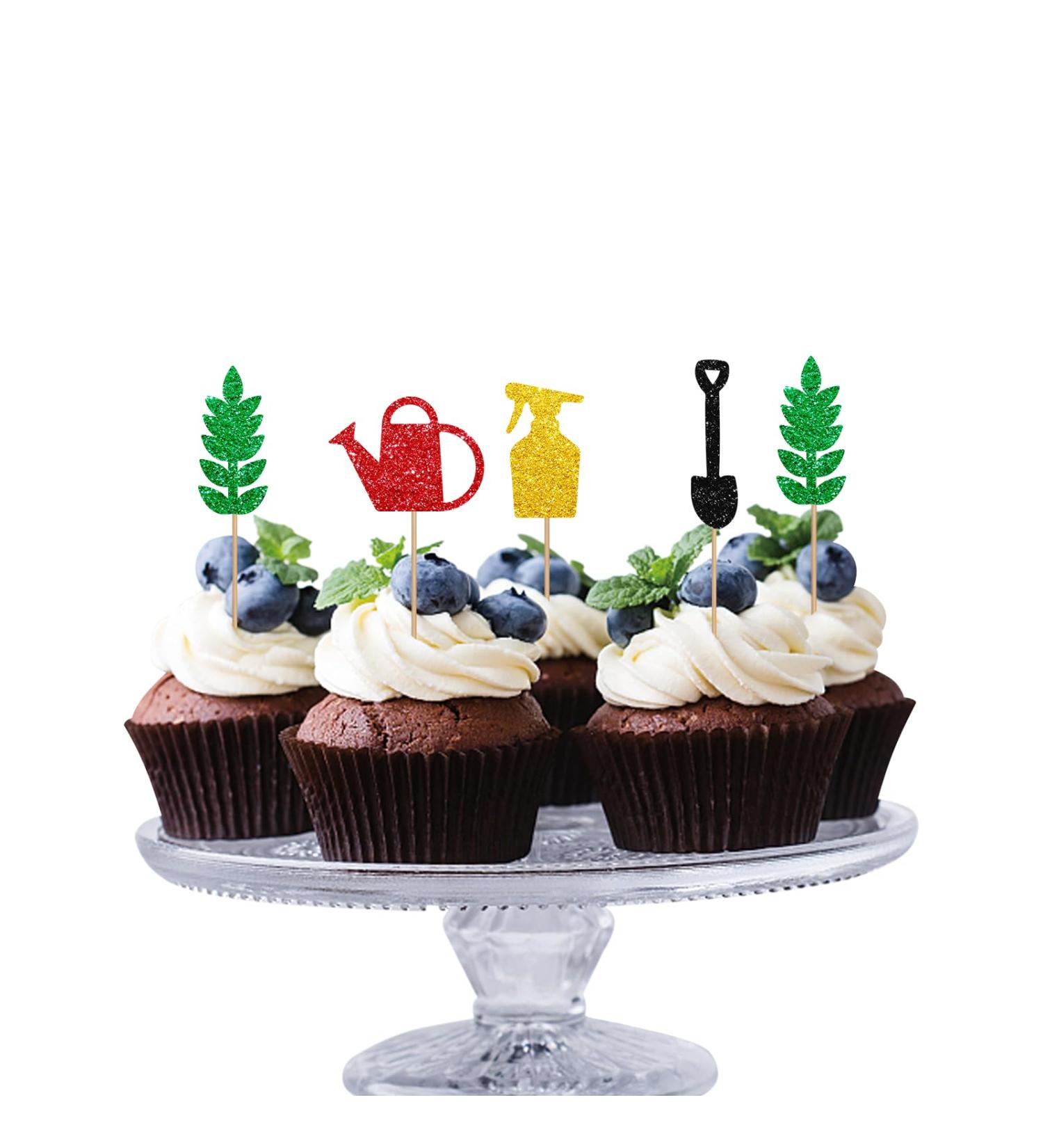 24pcs Garden Cupcake Toppers Garden Tools Summer Party Cake Decor Green&Gold Glitter Cupcake Picks for Baby Shower Garden Themed Birthday Party Decoration - Buy Online on GoSupps.com