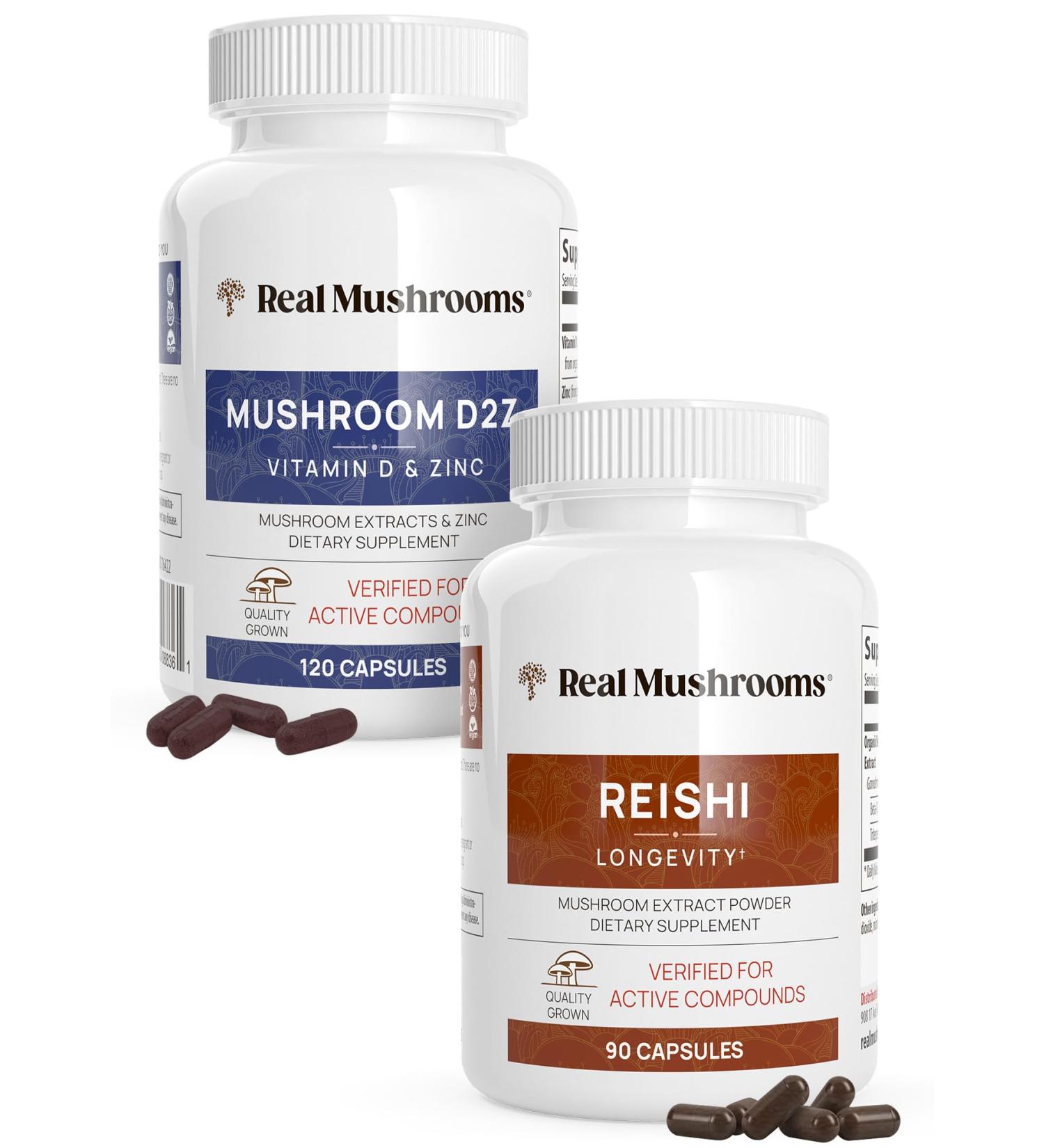 Real Mushrooms Vitamin D2 Zinc (120ct) and Reishi 415 (90ct) Bundle with Chaga - Natural Support for Immunity Better Sleep and Relaxation - Vegan Gluten Free Non-GMO Organic Mushroom Extracts - Buy Online on GoSupps.com