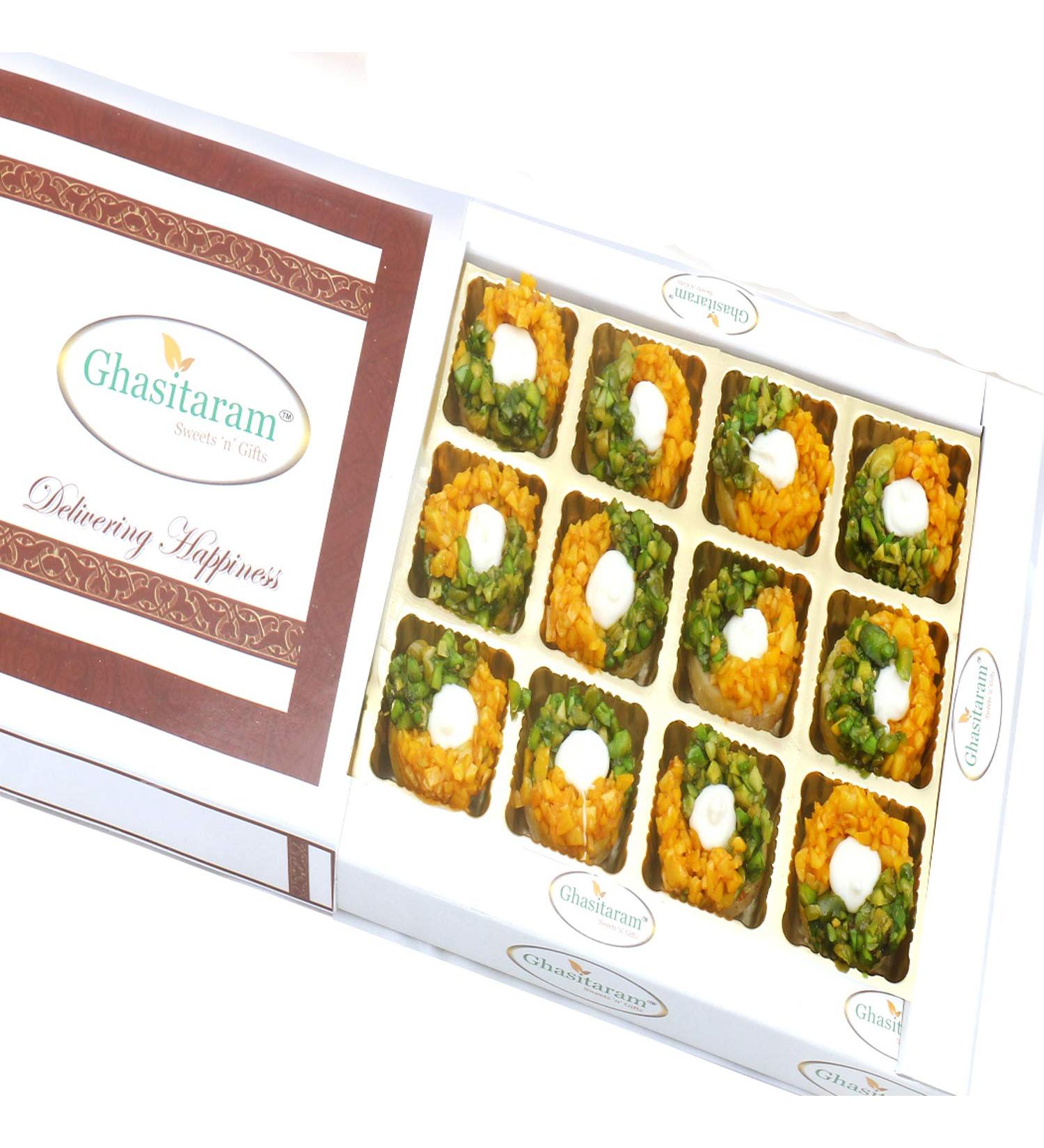Ghasitaram Gifts Diwali Gifts Sweets- Kesar Pista Delight in White Box Diwali SF Kesar Pista Delight in White Box