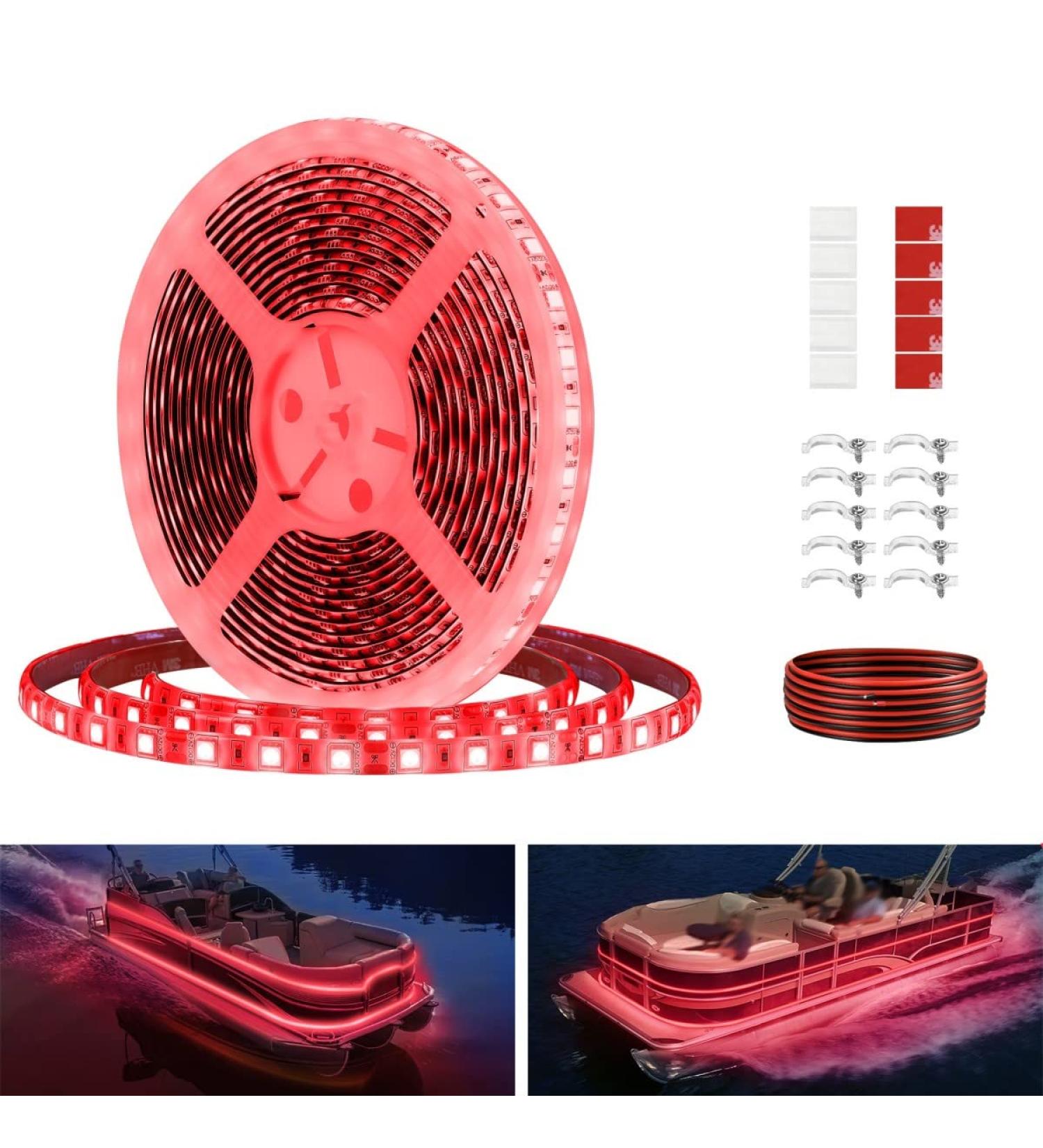 Vbakor 12V Pontoon LED Strip Lights 5M 16.4FT Waterproof Marine Boat Interior Deck Light Red Color with Extension Cable