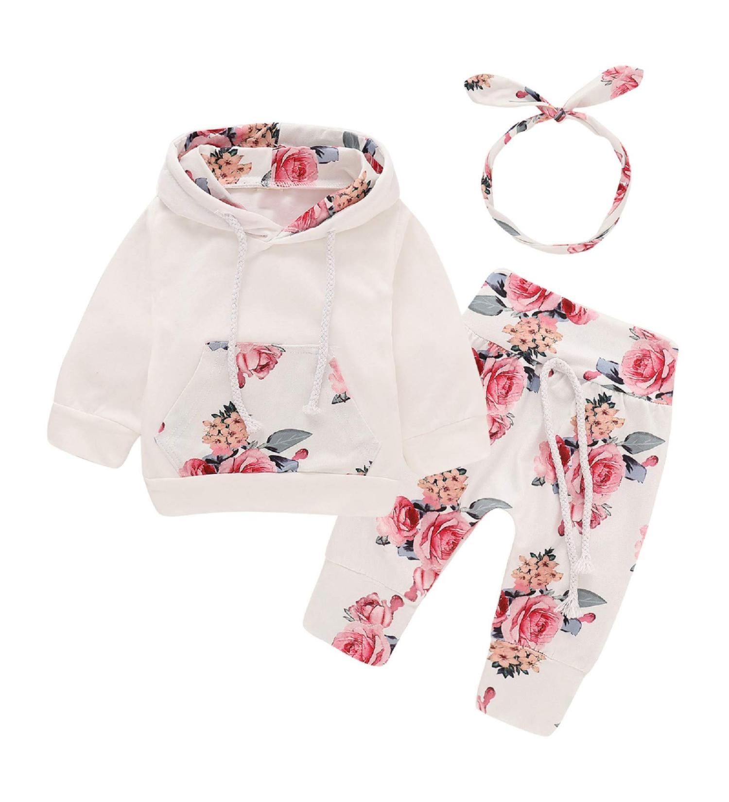 Puseky Newborn Baby Girl Floral Hoodie Sweatshirt and Pants Set - 3-6 Months - White+Floral - Buy Online on GoSupps.com