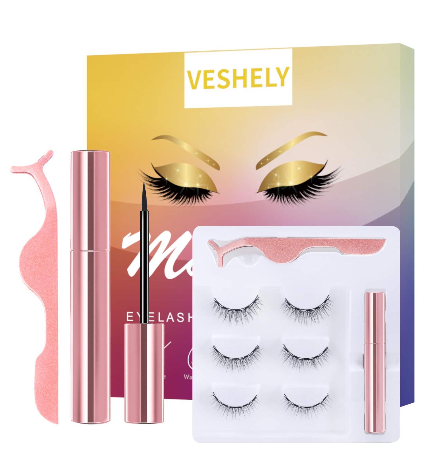VESHELY Natural Magnetic Eyelashes with Eyeliner - 3 Pairs 3D Short Magnetic Eyelash Set for Natural Look - No Glue Needed - Buy Online on GoSupps.com
