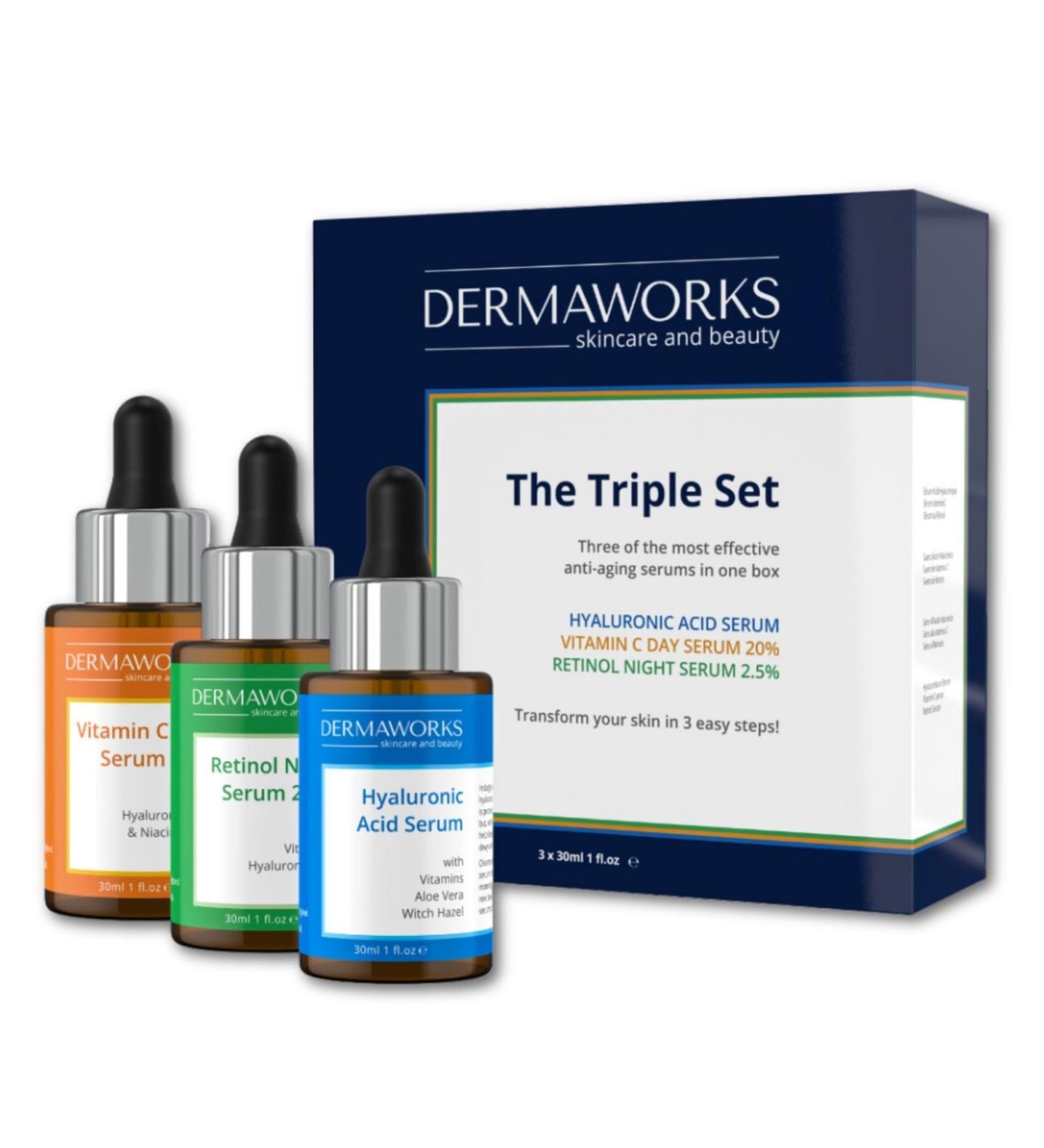 DERMAWORKS Skin Care Set | Vitamin C Retinol & Hyaluronic Acid Serums for Anti-Aging Brightening & Dark Spot Correction - Best Acne Treatment Face Serum - Buy Online on GoSupps.com