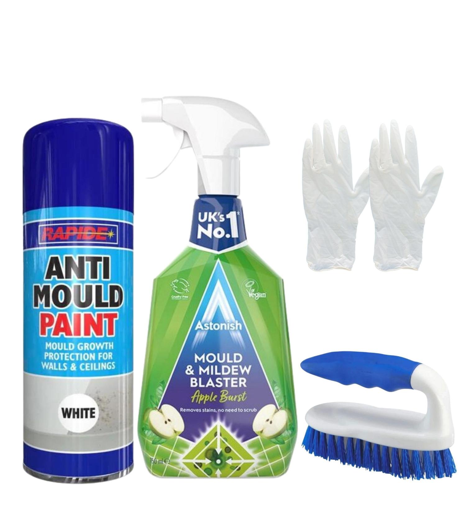 Anti Mould Spray Paint and Mould Remover Set - Bundle Includes Rapide Anti Mould White Spray Paint Astonish Mould and Mildew Remover Scrubbing Brush Pair of Disposable Gloves - Buy Online on GoSupps.com