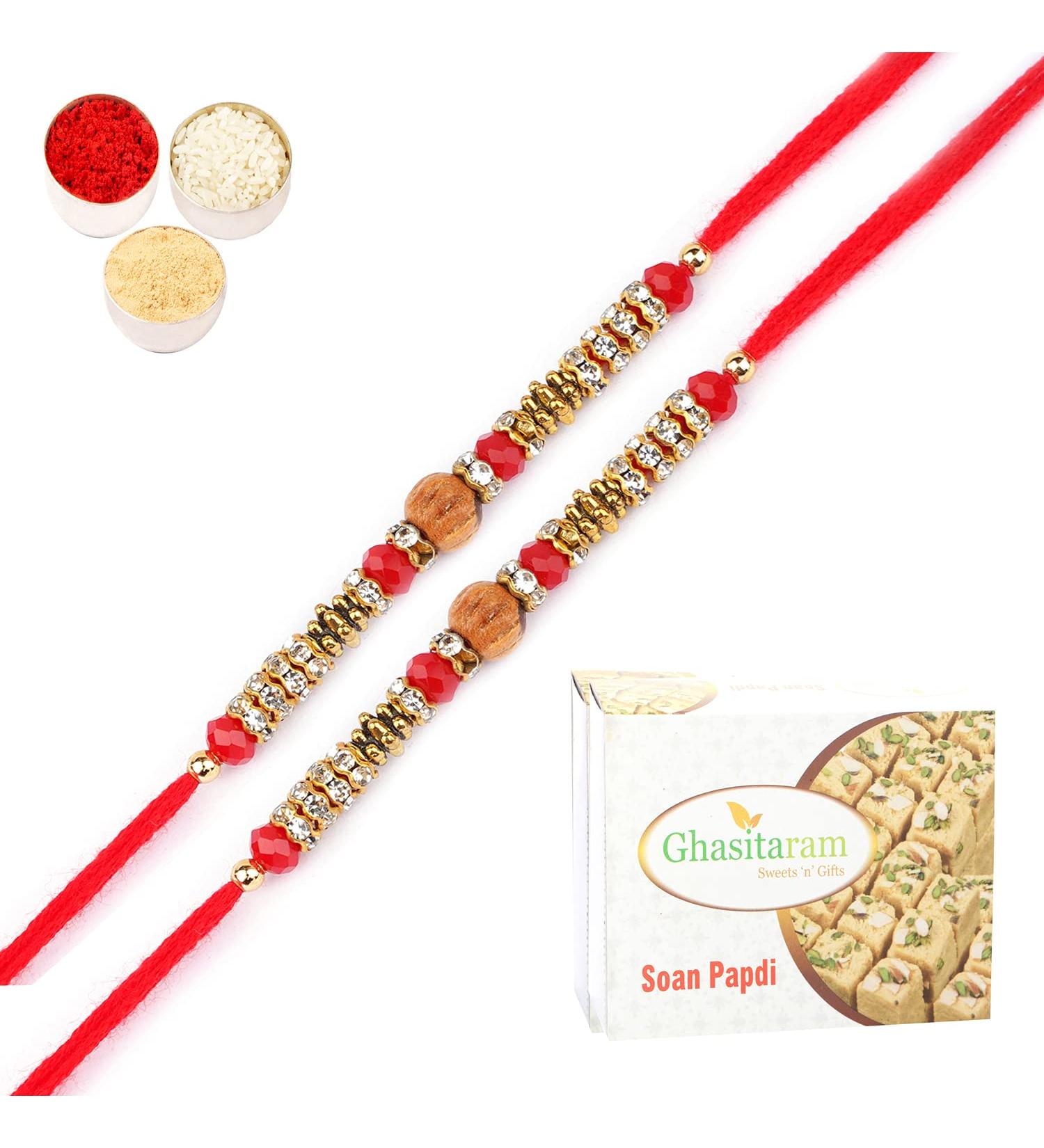 Ghasitaram Gifts Rakhi for Brother Rakhis Online - Set of 2-6968 Fancy Thread Rakhi with 200 GMS of Soan Papdi - Buy Online on GoSupps.com