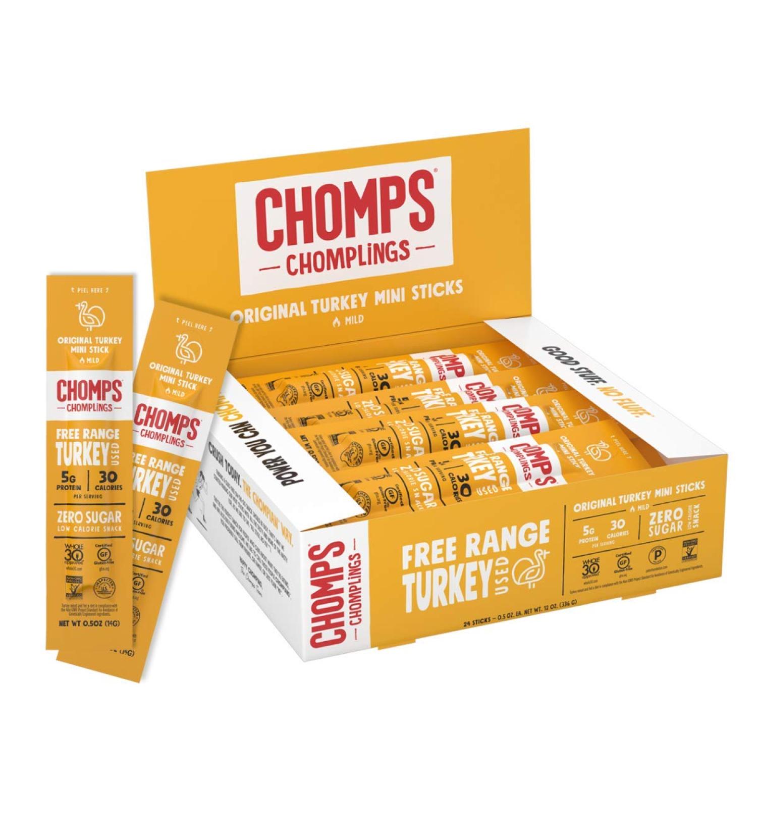 CHOMPS Mini Free Range Turkey Jerky Sticks - Keto, Paleo, Whole30 Approved - High Protein, Low Carb Snack - Gluten, Sugar, Nitrate Free - 24 Pack - Buy Online on GoSupps.com