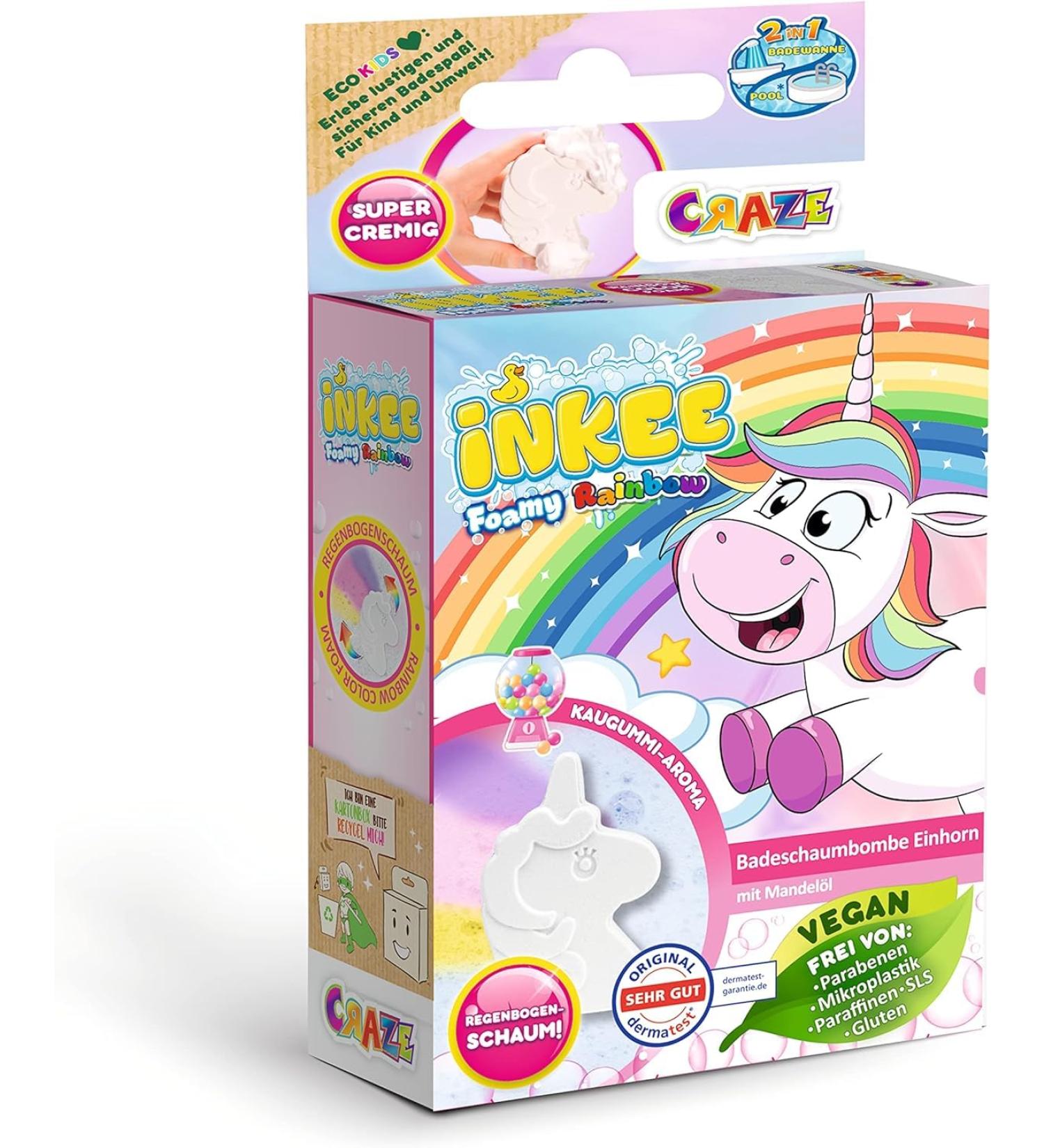 Shop Inkee Foamy Unicorn Bath Bomb - Fun 60g Unicorn Shaped Bathing Ball in Pink Yellow & Purple with Chewing Gum Fragrance and Almond Oil - Perfect for Kids! - Buy Online on GoSupps.com