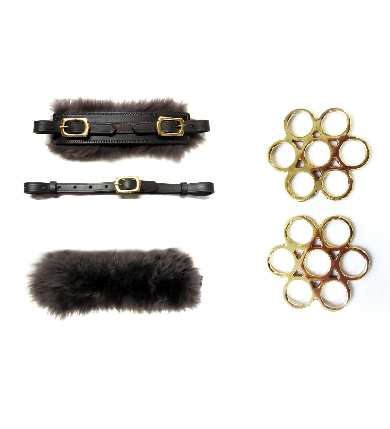 PS Horse Article Set - Bitless Bridle with Flower Brass - Gold - Real Sheepskin Brown & Gold Fittings | International Shipping - Buy Online on GoSupps.com