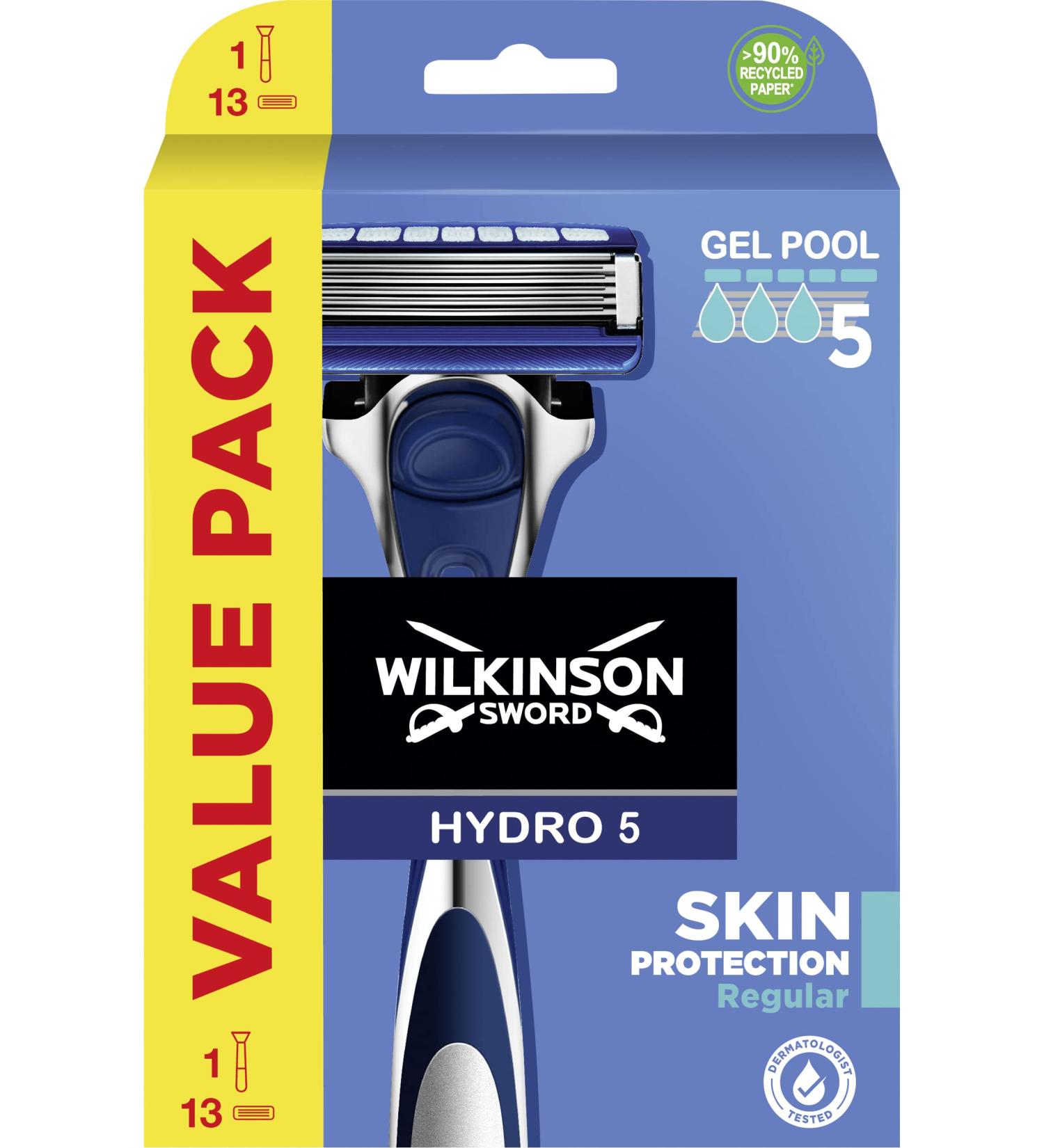 WILKINSON SWORD - Hydro 5 Skin Protection for Men | Moisturising Gel & Precision Trimmer | 1 Handle + 13 Refill Blades