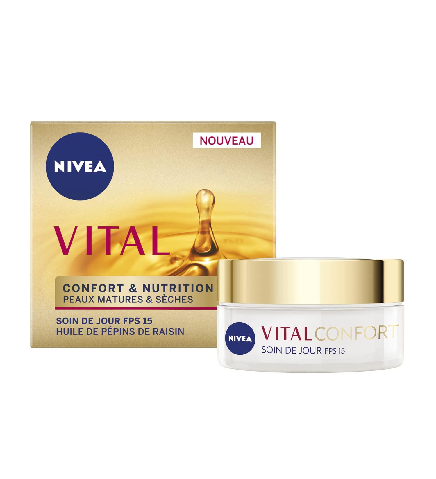 NIVEA Vital Comfort & Nutrition Day Care SPF15 (1 x 50 ml) anti-aging cream enriched with Grape Seed Oil women's facial care for mature & dry skin - Buy Online on GoSupps.com