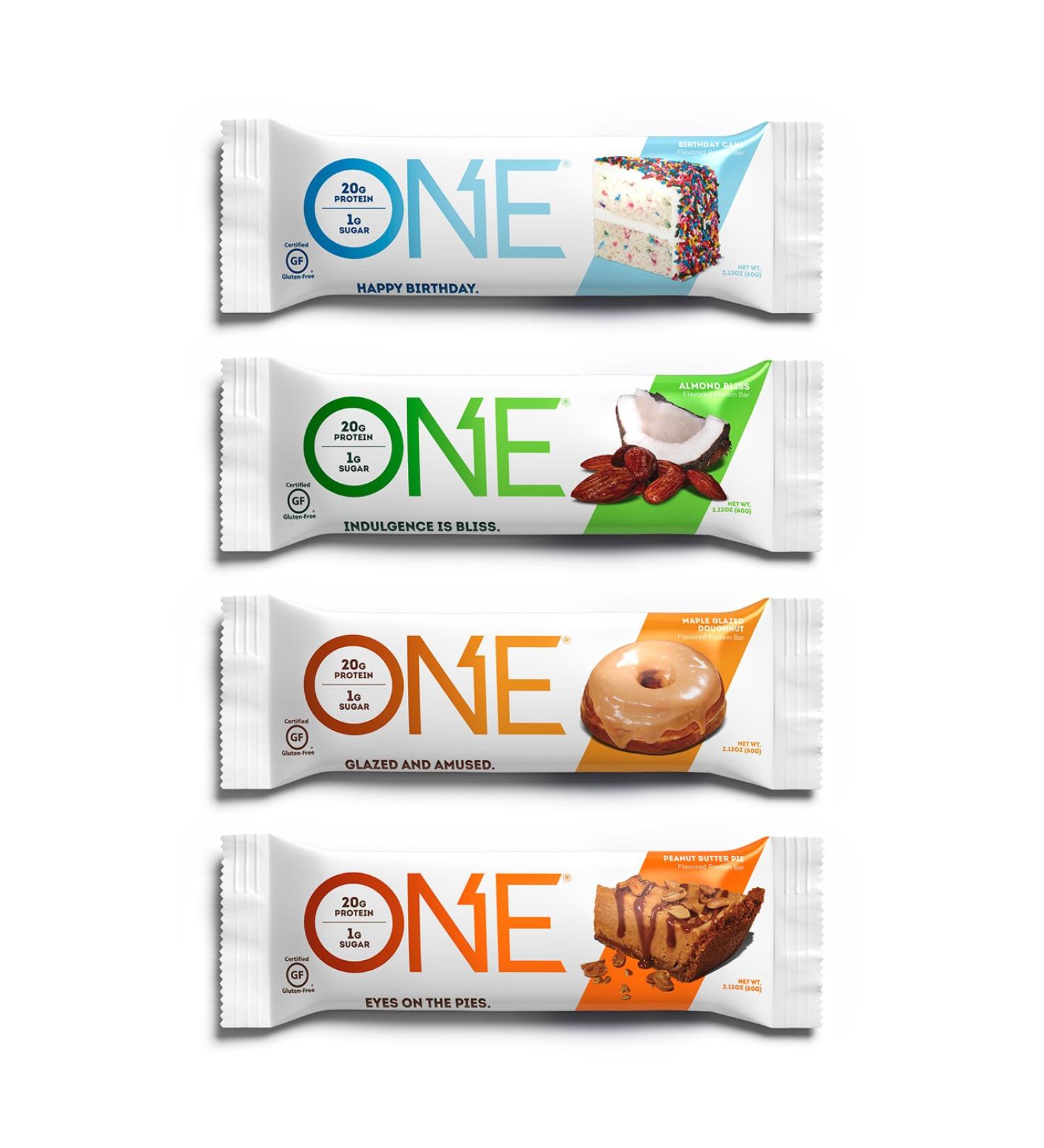 ONE Protein Bars Variety Pack - Gluten Free, 20g Protein, 1g Sugar - Birthday Cake, Almond Bliss, Maple Glazed Doughnut & Peanut Butter Pie (12 Pack) - Buy Online on GoSupps.com