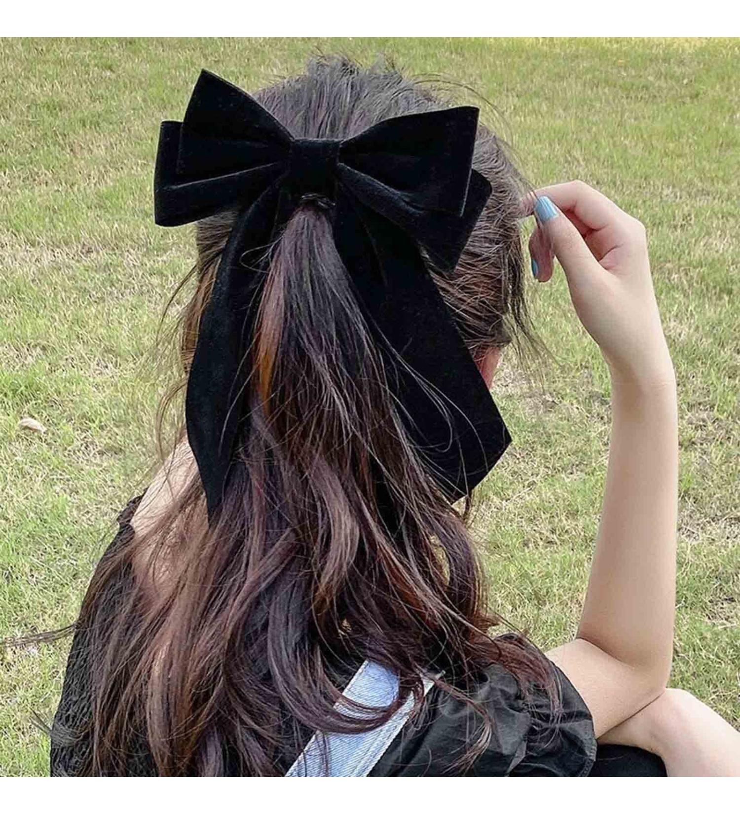 Yheakne Velvet Hair Bow with Long Satin Tail Barrette - Winter Headpiece for Women and Girls (Black) - Buy Online on GoSupps.com