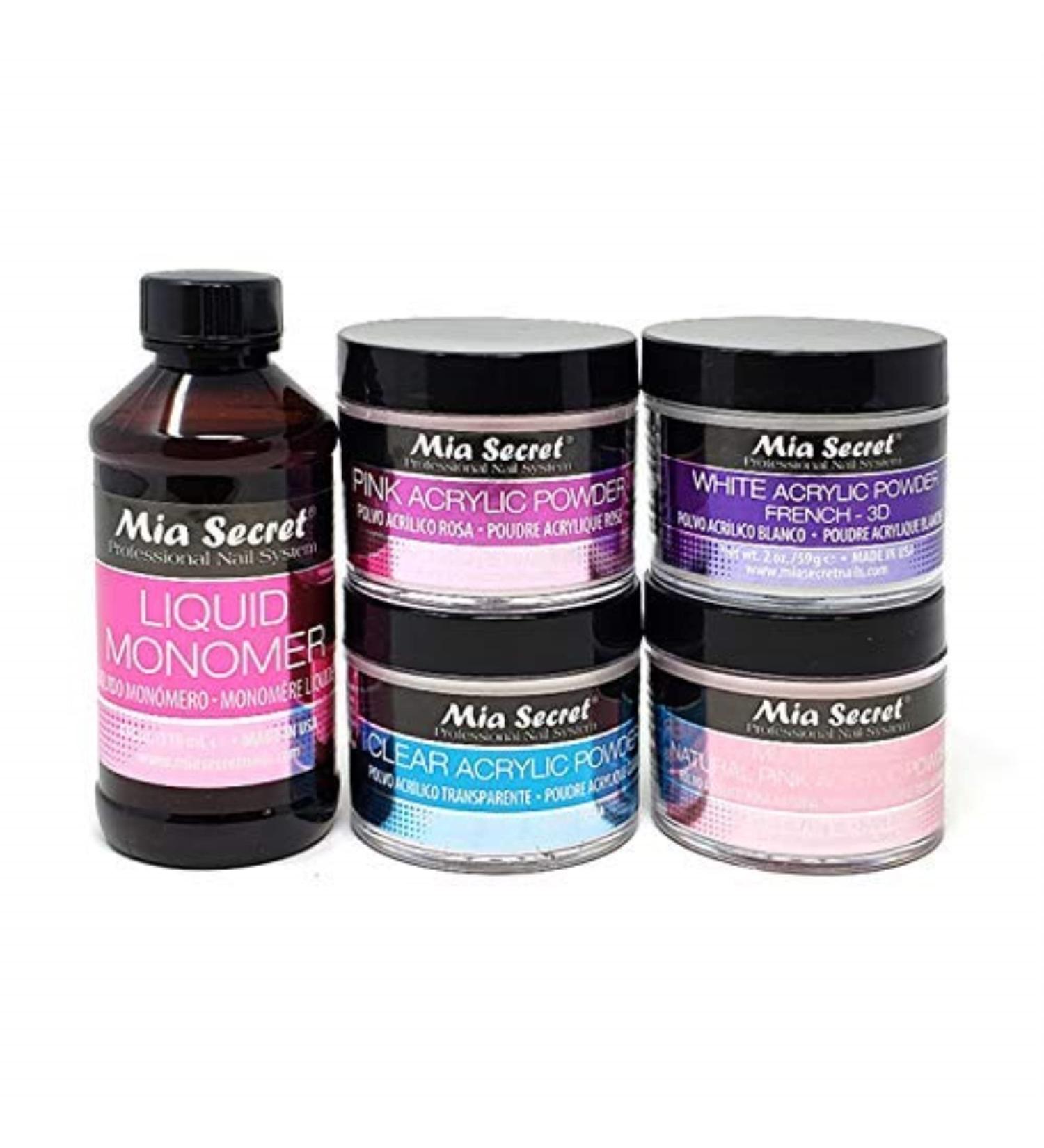 MIA SECRET 4 oz LIQUID MONOMER + Acrylic Powders Set - Pink 2 oz, Clear 2 oz, 3D White 2 oz & Multibalance Pink 2 oz