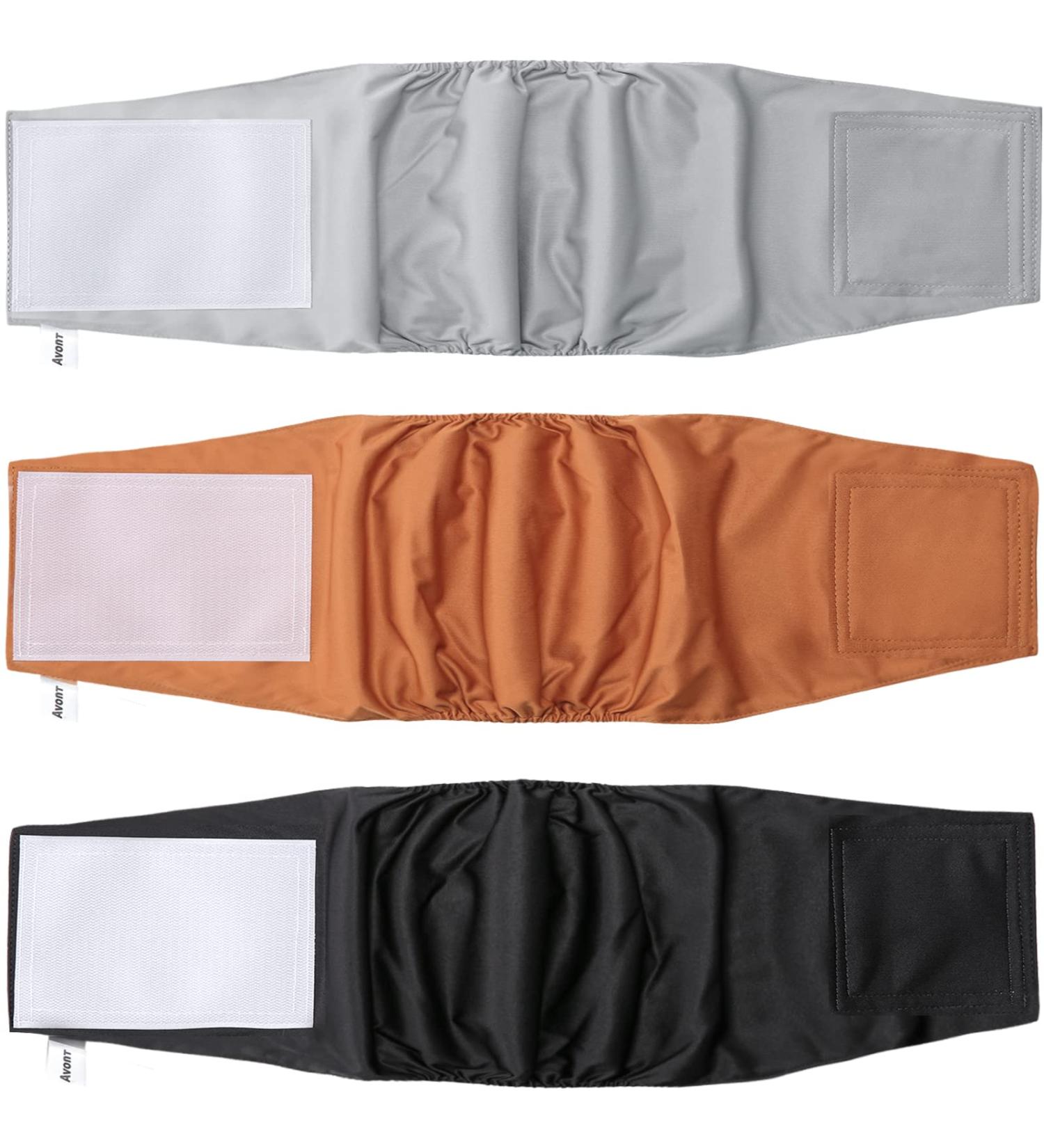 Avont Male Reusable Dog Diapers - 3 Pack Belly Band for Incontinence - Washable & Eco-Friendly - Black/Brown/Gray - Size L (44-54cm) - Buy Online on GoSupps.com