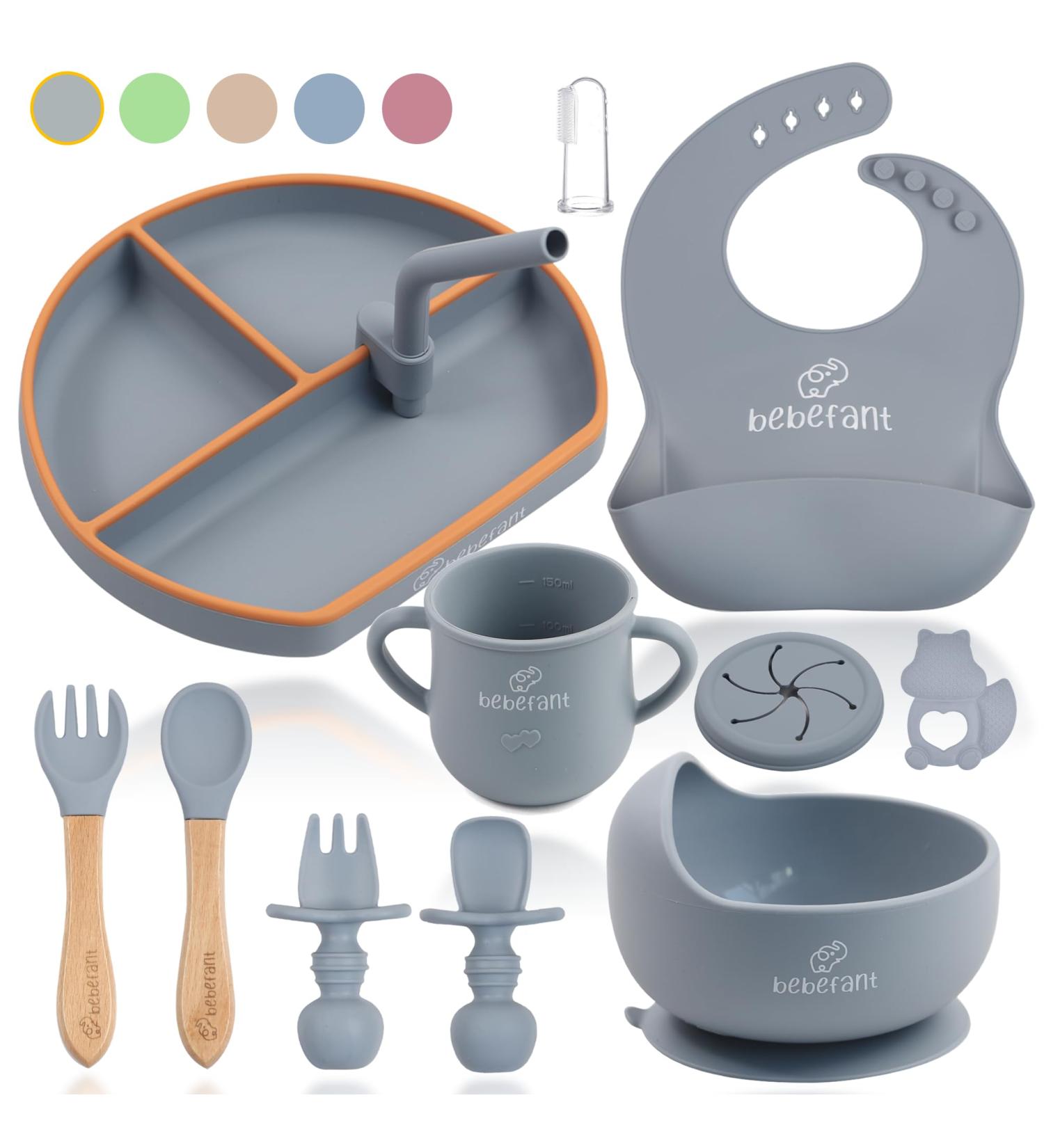 Bebefant Baby Weaning Set: Suction Bowl, Plate, Cup, Bib, Fork & Spoon for Baby Led Weaning - Grey & Orange - Large Set - Buy Online on GoSupps.com