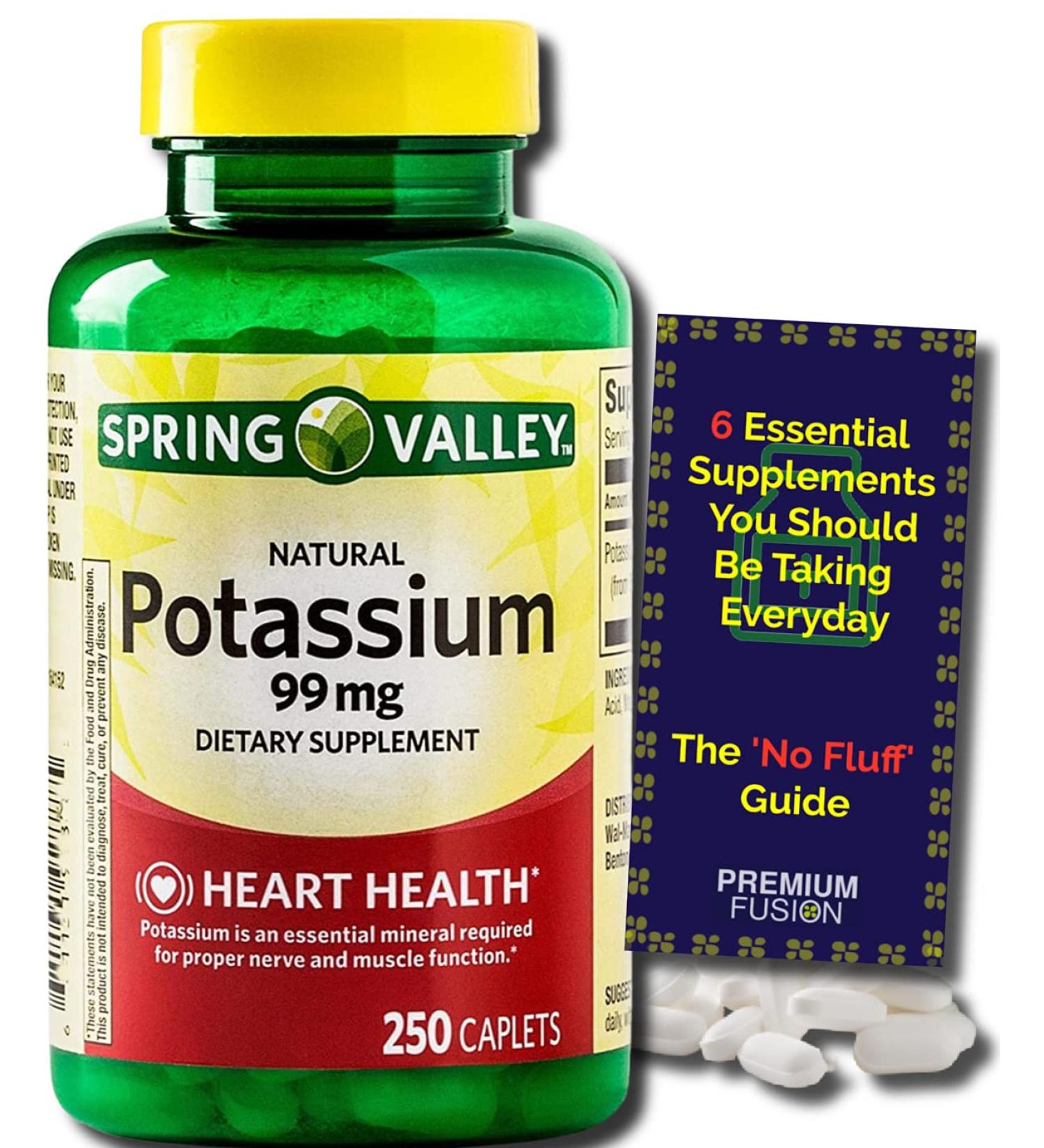 Spring Valley Potassium Supplement 99mg Caplets - 8 Month Supply - Supports Heart, Nerve, & Muscle Function - Includes Vitamin Pouch and Supplement Guide - Buy Online on GoSupps.com