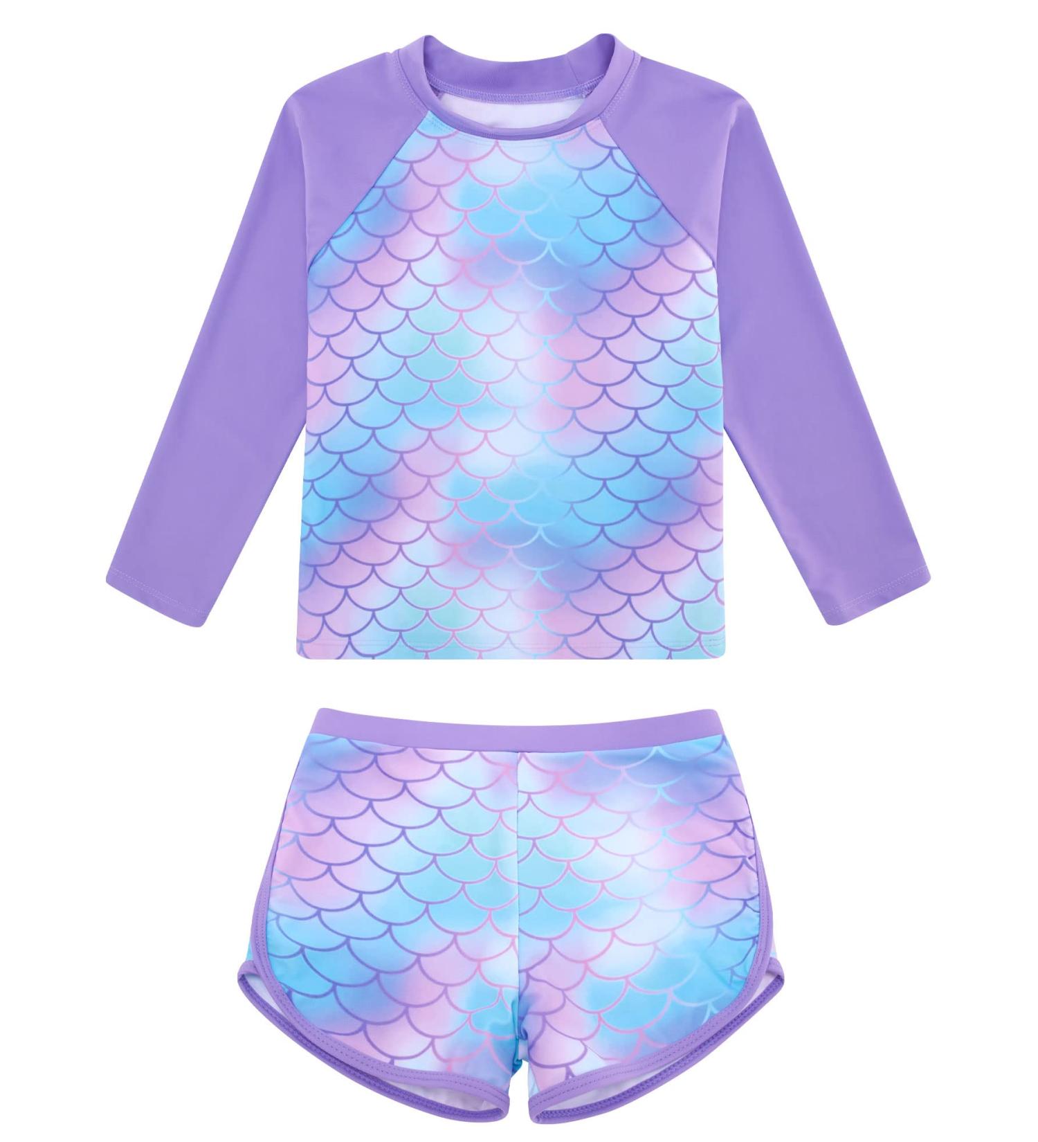 Girls Purple Mermaid Swimsuit Set | UPF 50+ Long Sleeve Swimwear for Kids 3-4 Years | Toddler Two Piece Bathing Suit by TUONROAD - Buy Online on GoSupps.com