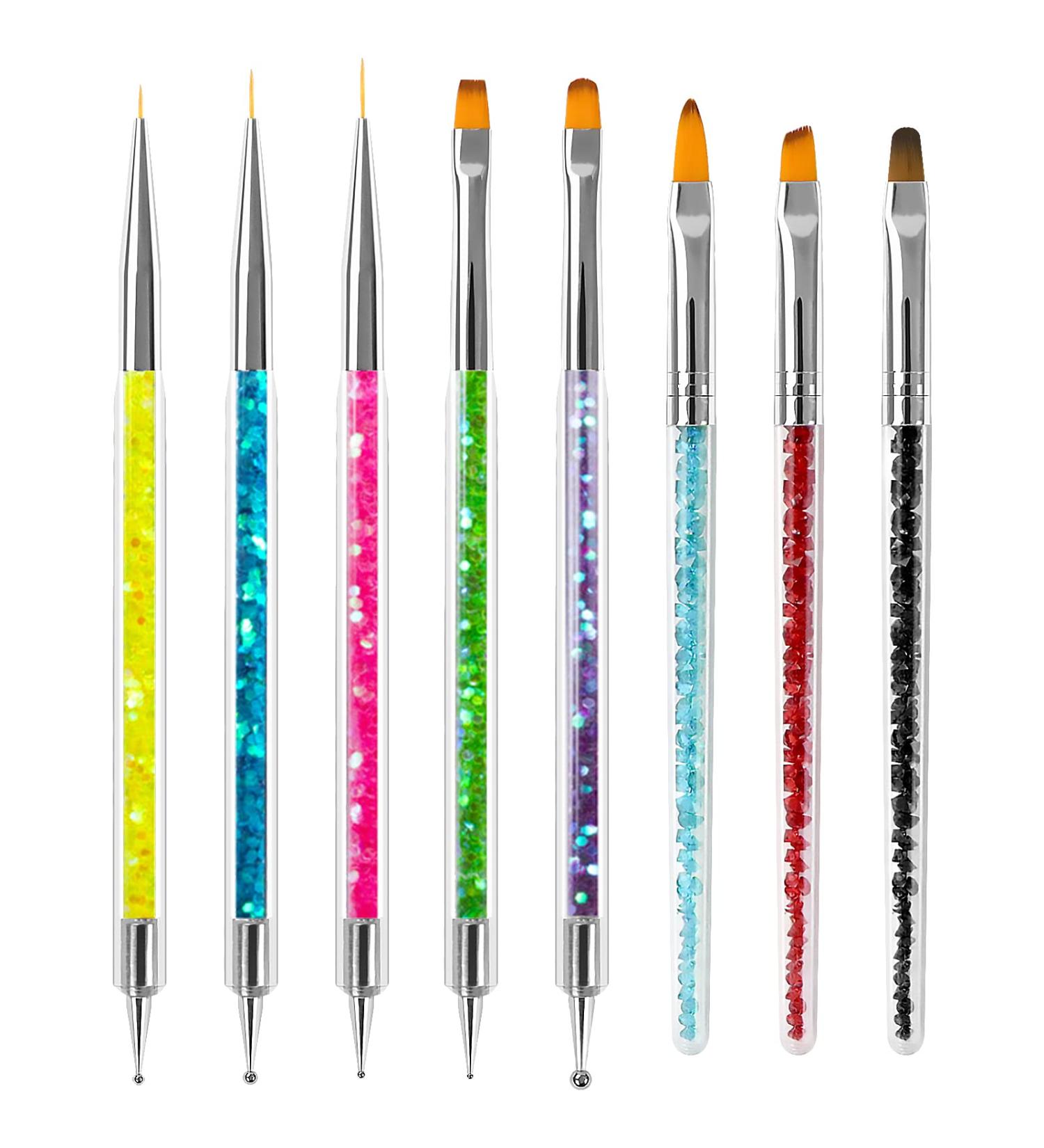 Sularpek 8PCS Nail Art Brush Set with Glitter Handle - Double Ended Pen Brushes for DIY Nail Designs | Dotting Tools for Women & Girls - Buy Online on GoSupps.com