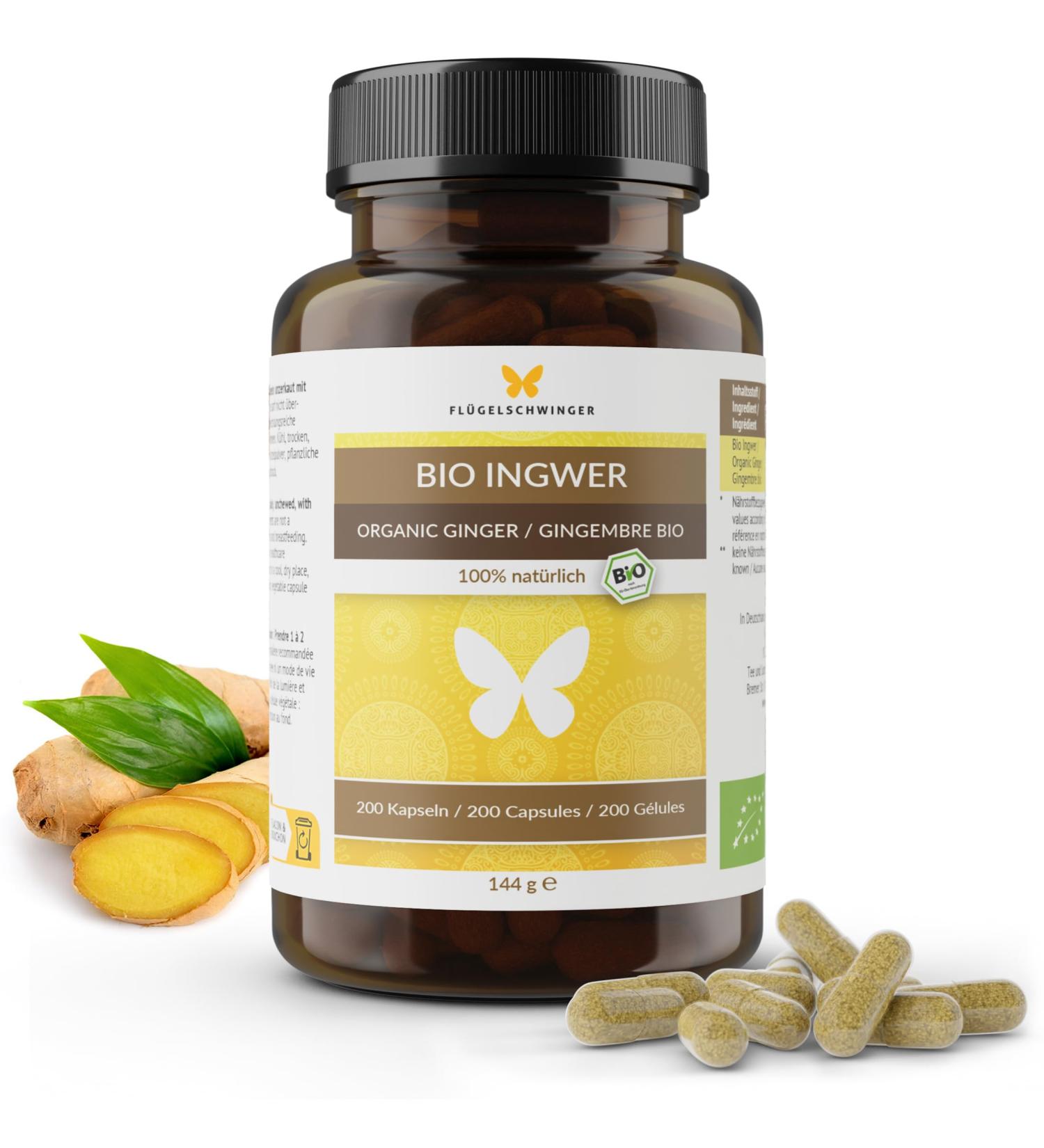 Buy 200 Organic Ginger Capsules 600mg - High-Dose Vegan Certified Organic EU Eco-Standard - Made in Germany (144g) - Buy Online on GoSupps.com