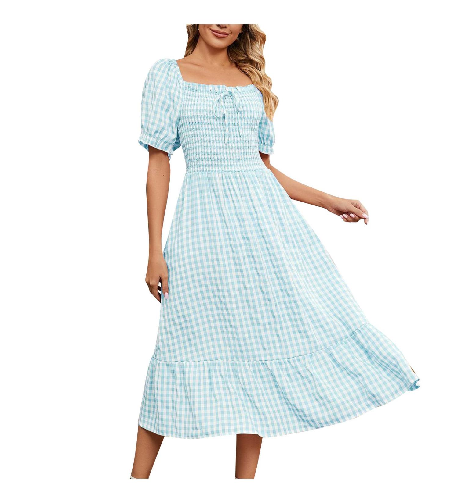 2023 Women's Casual Ruffle Sundress | Smocked Flowy Maxi Dress | Square Neck Plaid | Pink X-Large - Buy Online on GoSupps.com