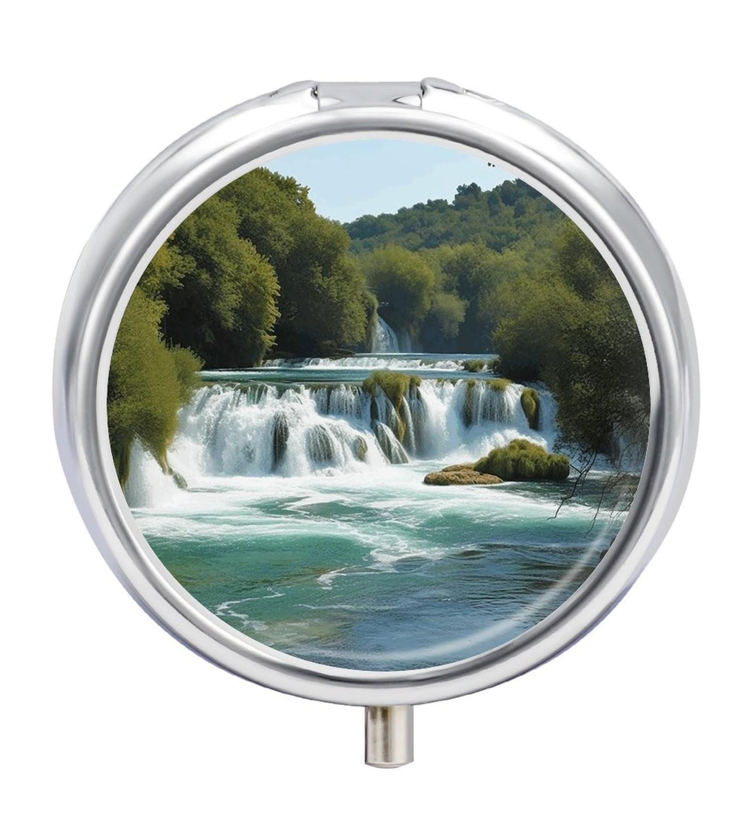 Round Pill Box - Waterfalls on Krka River Print | 3 Compartment Metal Pill Organizer | Decorative Portable Pocket Pill Case - Style 22 - Buy Online on GoSupps.com