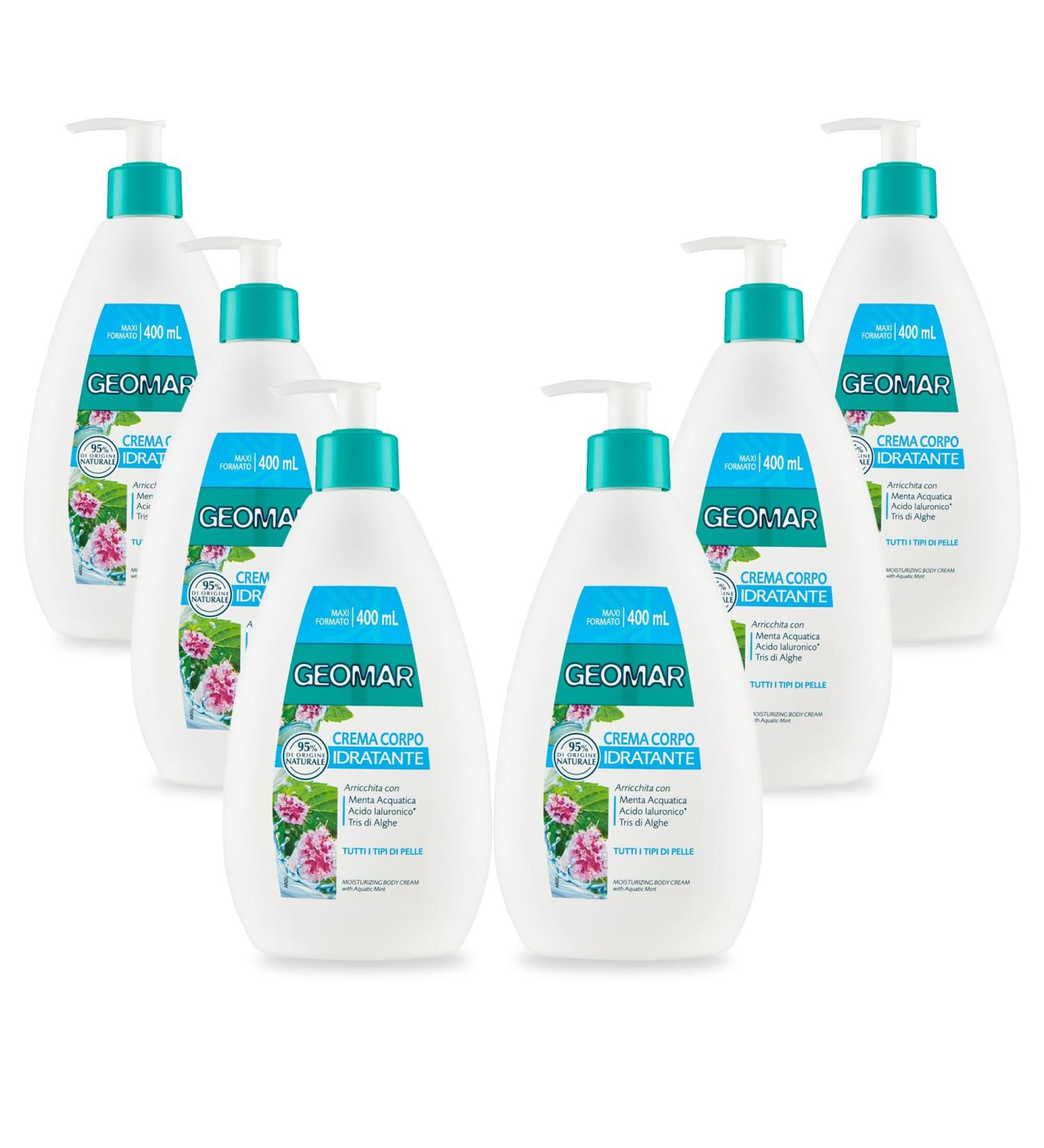 GEOMAR | Moisturizing Body Cream Enriched with Aquatic Mint Hyaluronic Acid Tris Algae 95% Natural Origin Made in Italy 6 x 400 ml - Buy Online on GoSupps.com