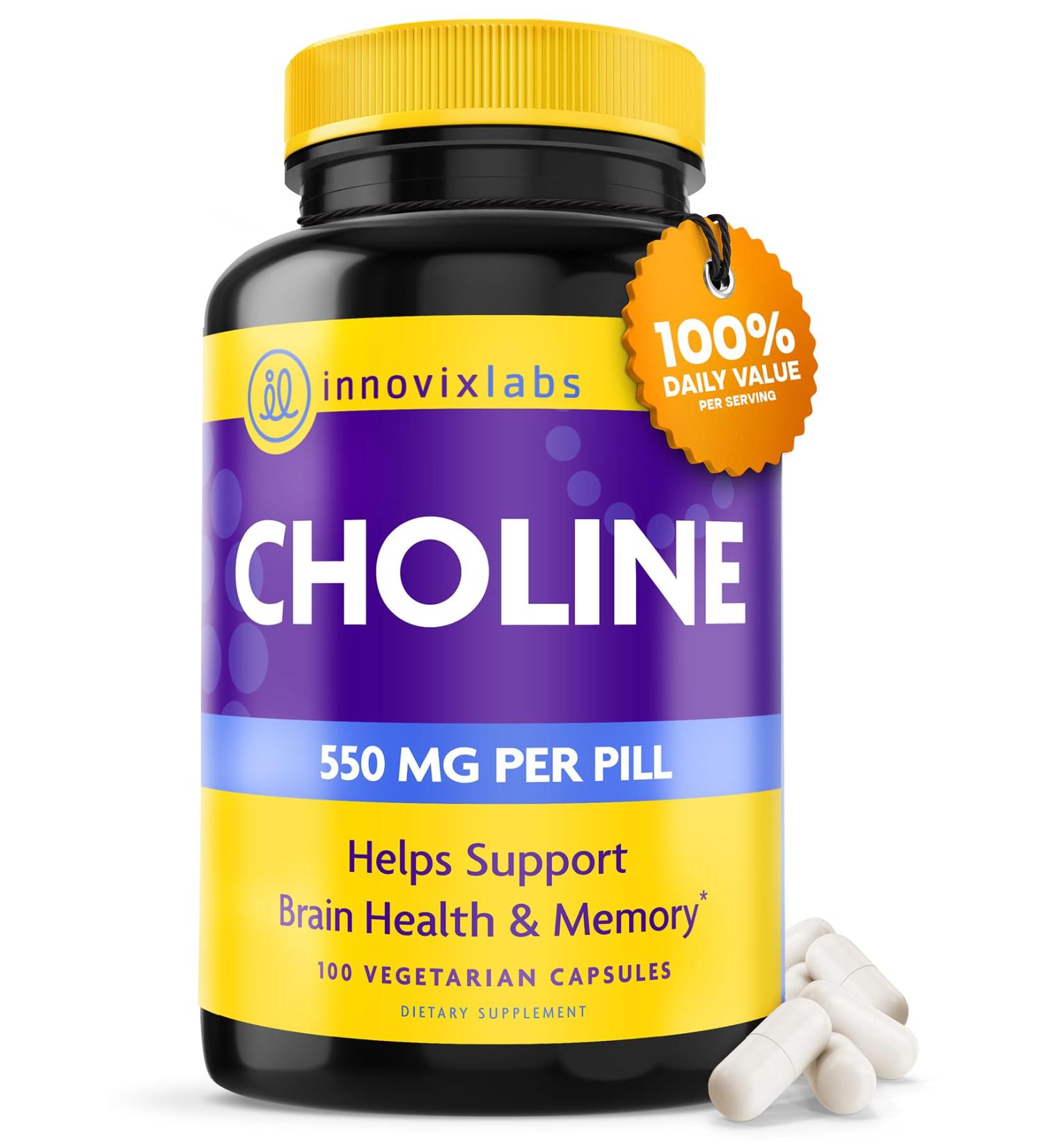 InnovixLabs Choline Supplement 550mg Pure Choline Bitartrate for Brain Health Focus Memory Cognitive Development Fatty Liver and Mood Support for Women and Men 100 Capsules - Buy Online on GoSupps.com