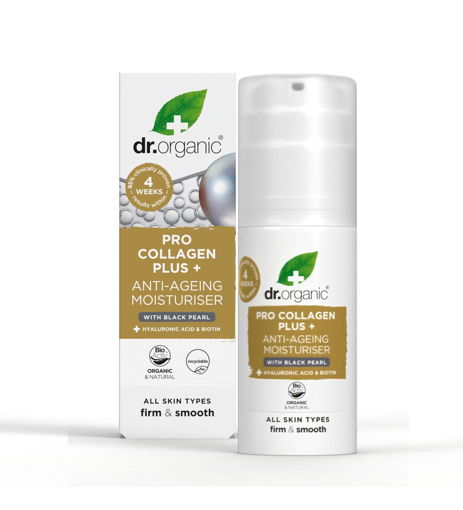 Dr Organic Pro Collagen Plus Black Pearl Hyaluronic Acid Healthy-Aging Wrinkles Dry & Sensitive Skin Natural Vegetarian Cruelty-Free Paraben & SLS-Free Recycled & Recyclable Organic 50ml - Buy Online on GoSupps.com