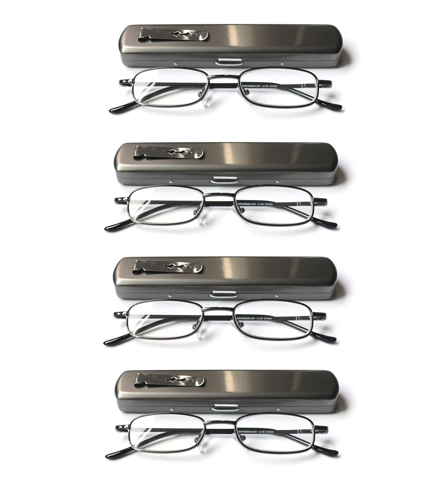 Portable Reading Glasses 4 Pack - Slim Thin Design with Pocket Case - Gunmetal 1.5 Diopters for Men & Women - Buy Online on GoSupps.com