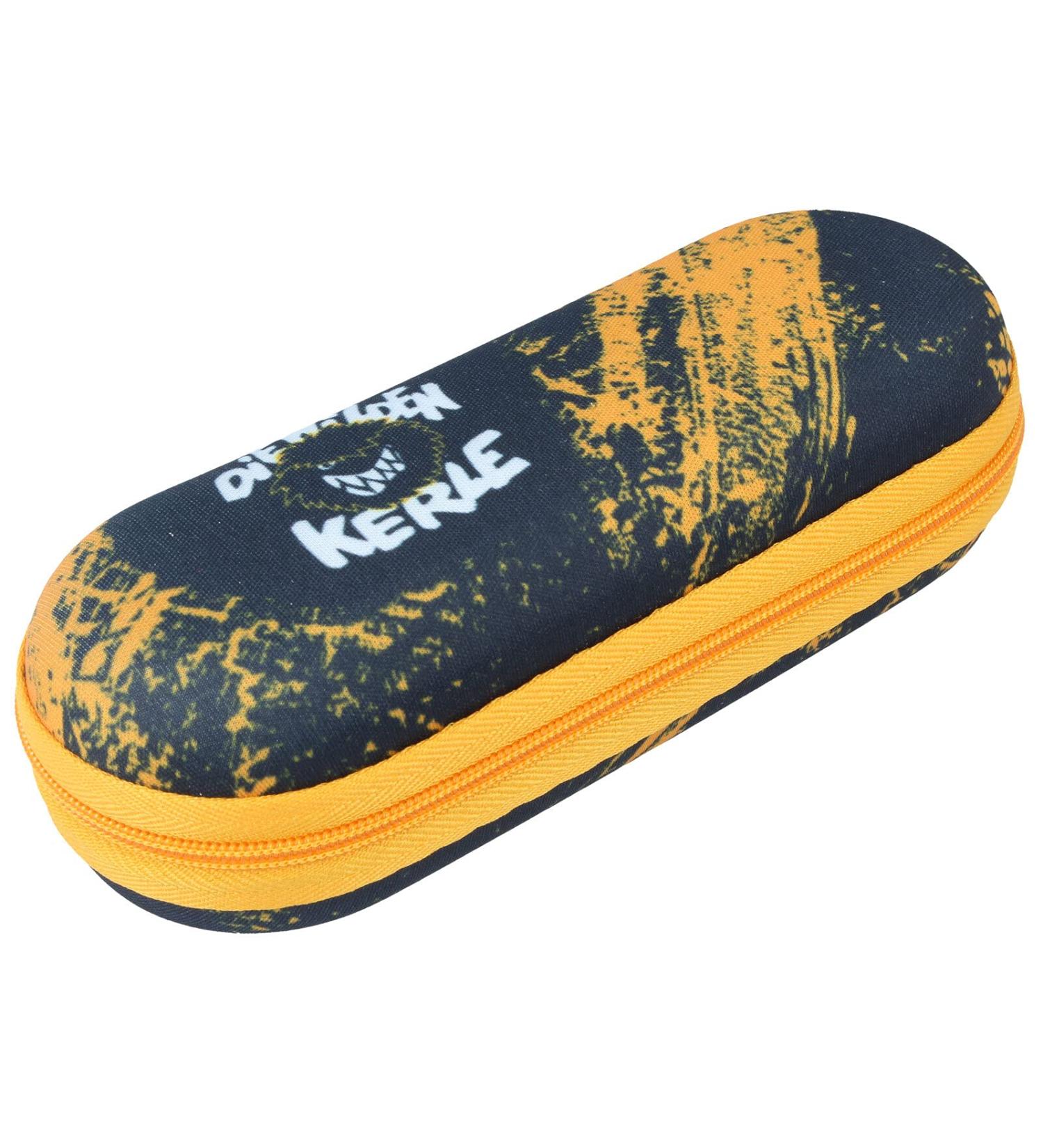Child-friendly lightweight glasses case made of robust textile - "Wilde Kerle" with zipper in black - orange