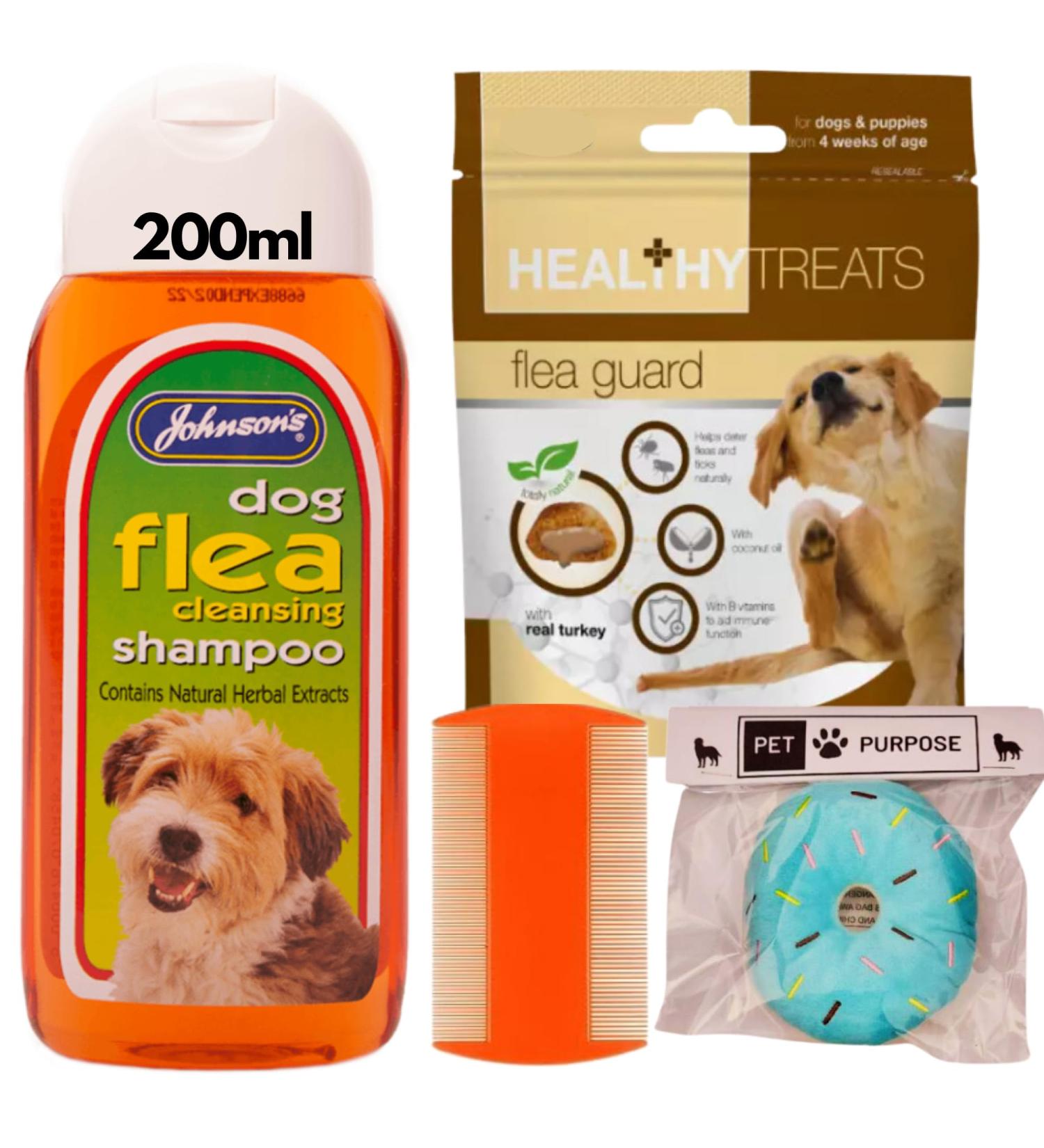 Dog Flea Cleansing Bundle | Johnsons Flea Shampoo for Dogs and Puppies from 12 Weeks 1x 200ml | Healthy Treats Flea Guard 1x 70g | Grooming and Flea Care Comb x1 | 1x Squeaky Donut Toy - Buy Online on GoSupps.com