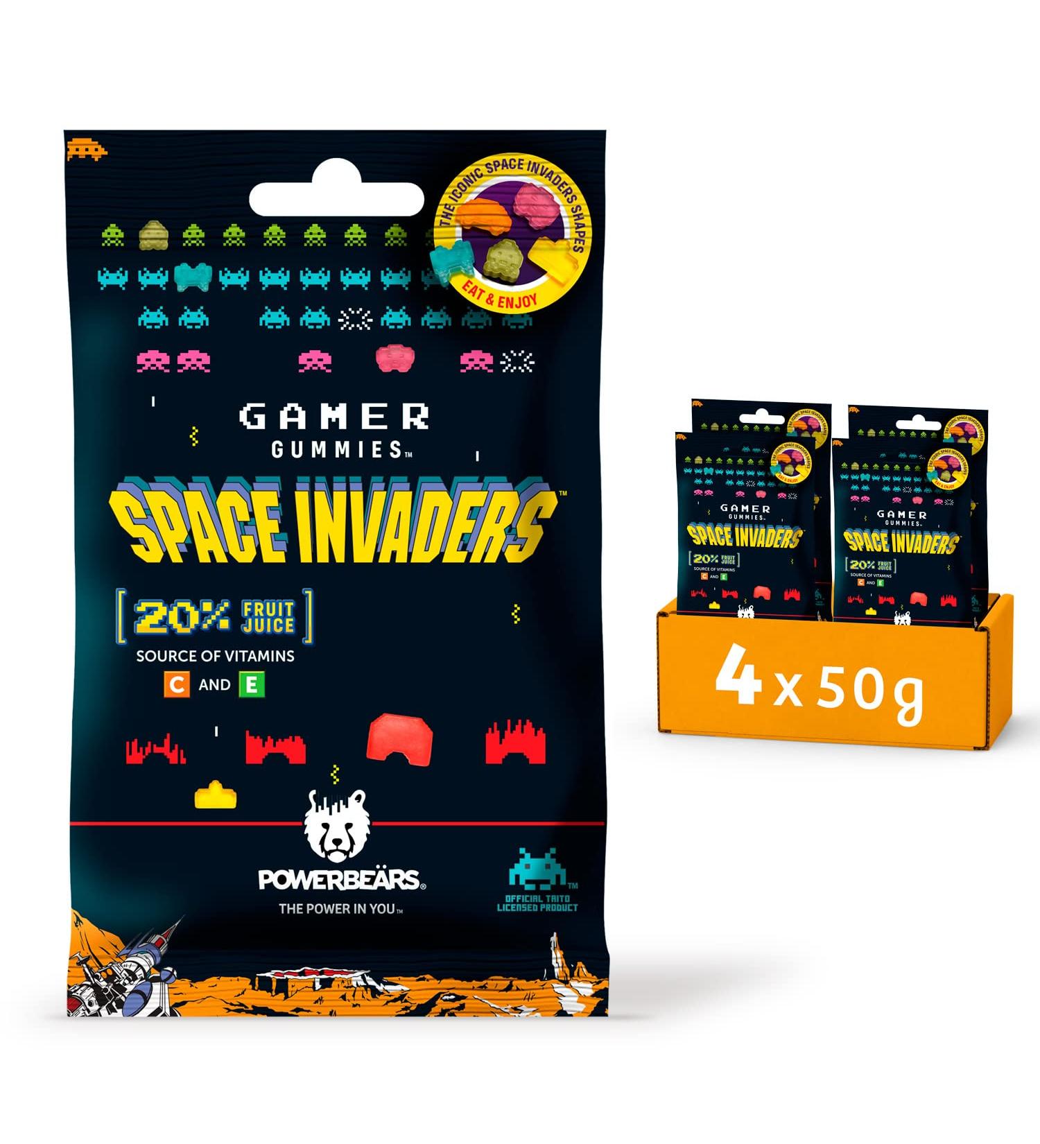 Powerbears Space Invaders Gummy Bears - 20% Fruit Juice Vitamins & 6 Fruity Flavors | 4-Pack (4x50g) - Shop Internationally! - Buy Online on GoSupps.com