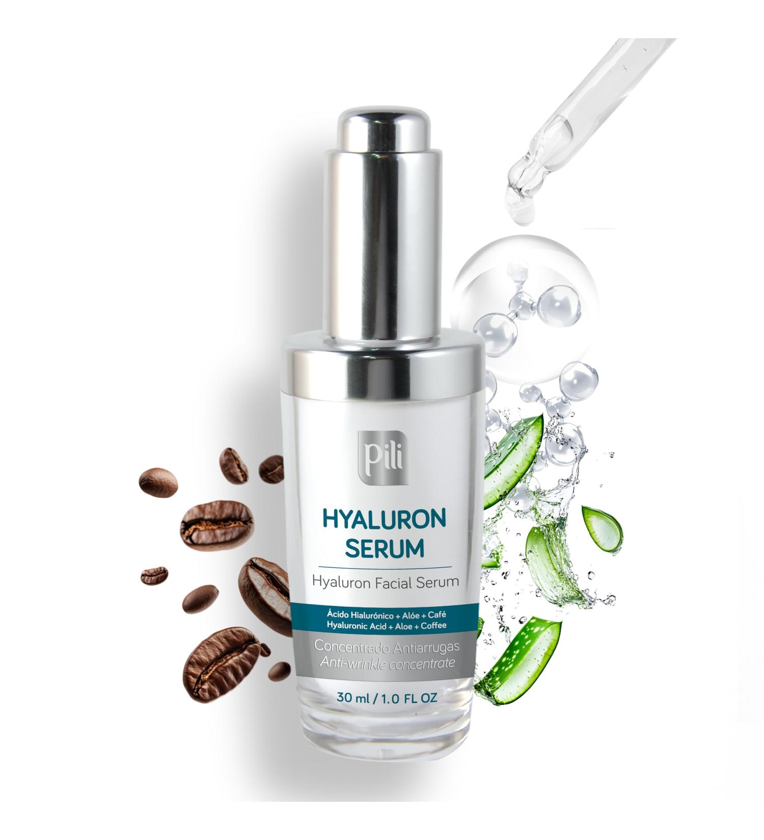 Pili Hyaluronic Serum | Concentrated Hyaluronic Acid Serum with Aloe Vera and Coffee extract | Best Anti- Aging Anti-Wrinkle formula for Face - Suero Concentrado de Acido Hialuronico| 1 oz - Buy Online on GoSupps.com