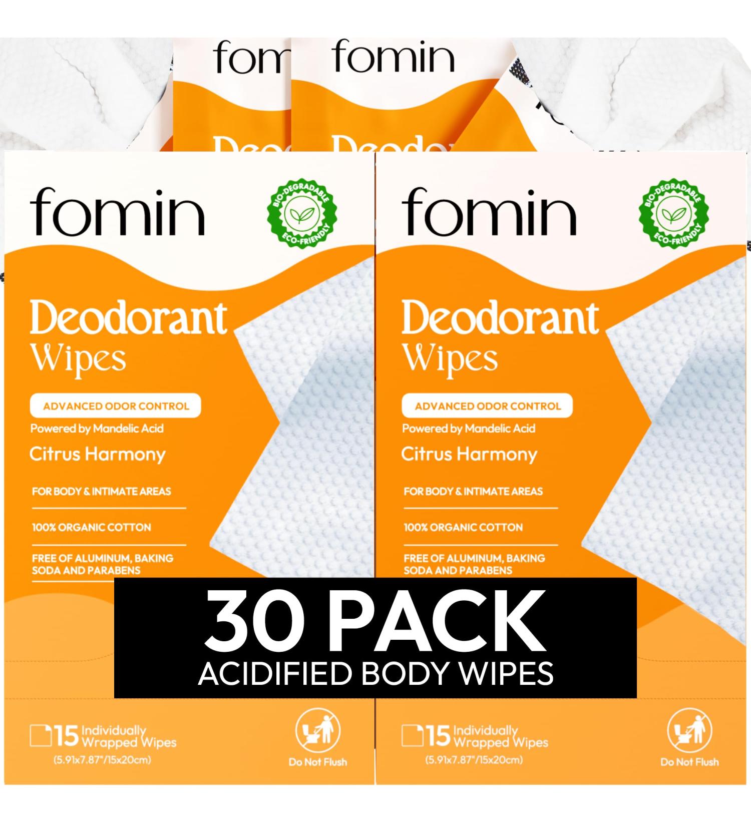 FOMIN Acidified Travel Deodorant Wipes For Women & Men - 30 Count - Citrus Harmony - pH Balanced Mini Deodorant Travel Size Wipes - Plastic-Free Individually Wrapped Underarm Body Wipes Citrus Harmony 15 Count (Pack of 2) - Buy Online on GoSupps.com