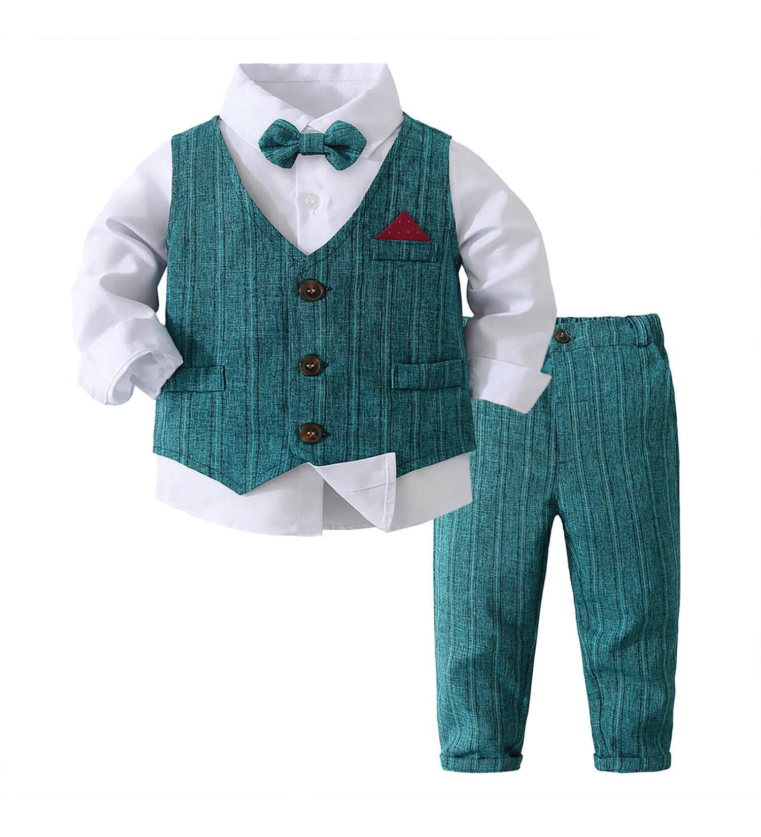 Volunboy Baby Boys Formal Waistcoat Outfit Wedding Suit 4 PCS Set 12-18 Months Green | Toddler Gentleman Shirt + Vest + Bow Tie - Buy Online on GoSupps.com