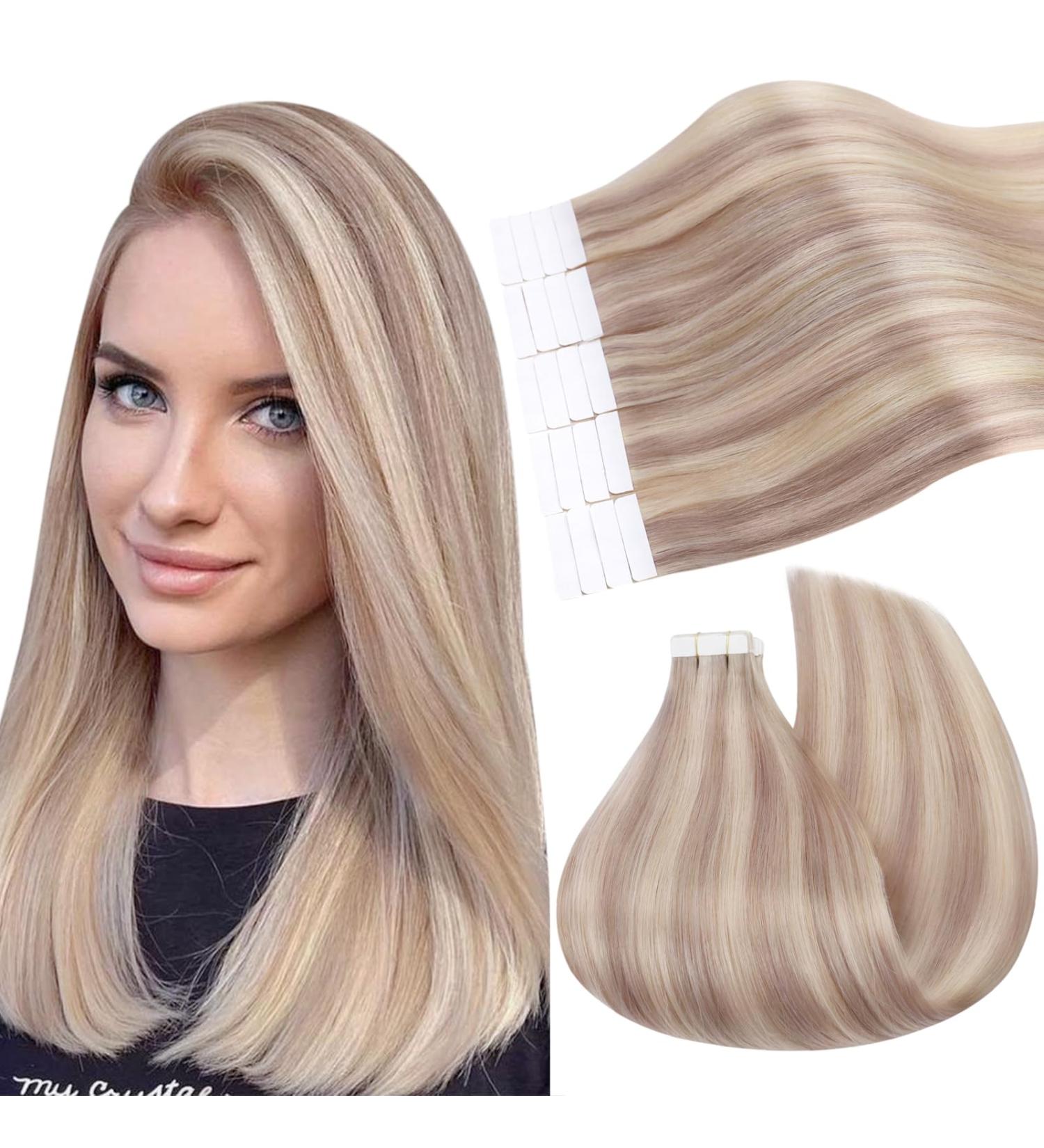 UGEAT Ashblond Tape-In Extensions - 55cm Real Hair #18/613 - 20 Pieces 50g Invisible Ash Brown & Bleichblond - Buy Online on GoSupps.com