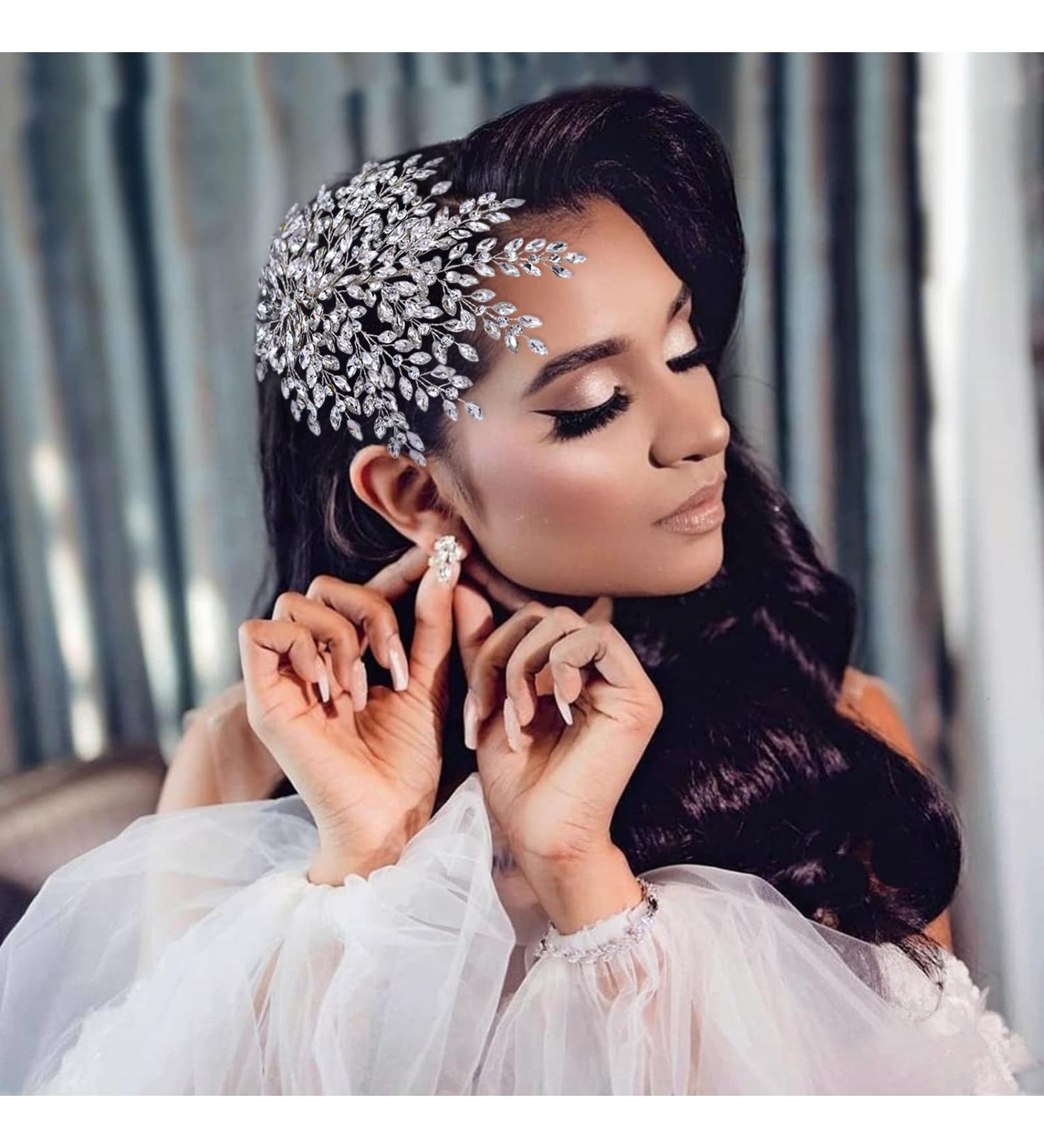 AMORARSI Rhinestone Leaf Wedding Hair Piece - Crystal Hair Accessories for Bride and Bridesmaids (Silver) - Buy Online on GoSupps.com