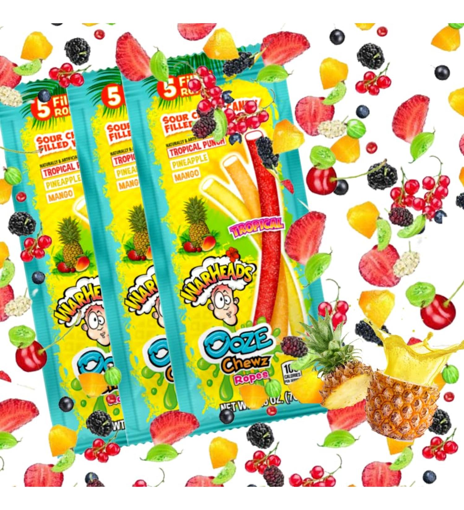 3 x Warheads Tropical Ooze Chewz Ropes Sweet and Sour Chewy Candy with Soft Center Assorted Fruit Flavored Shareable Bagged Candies 70g - Buy Online on GoSupps.com
