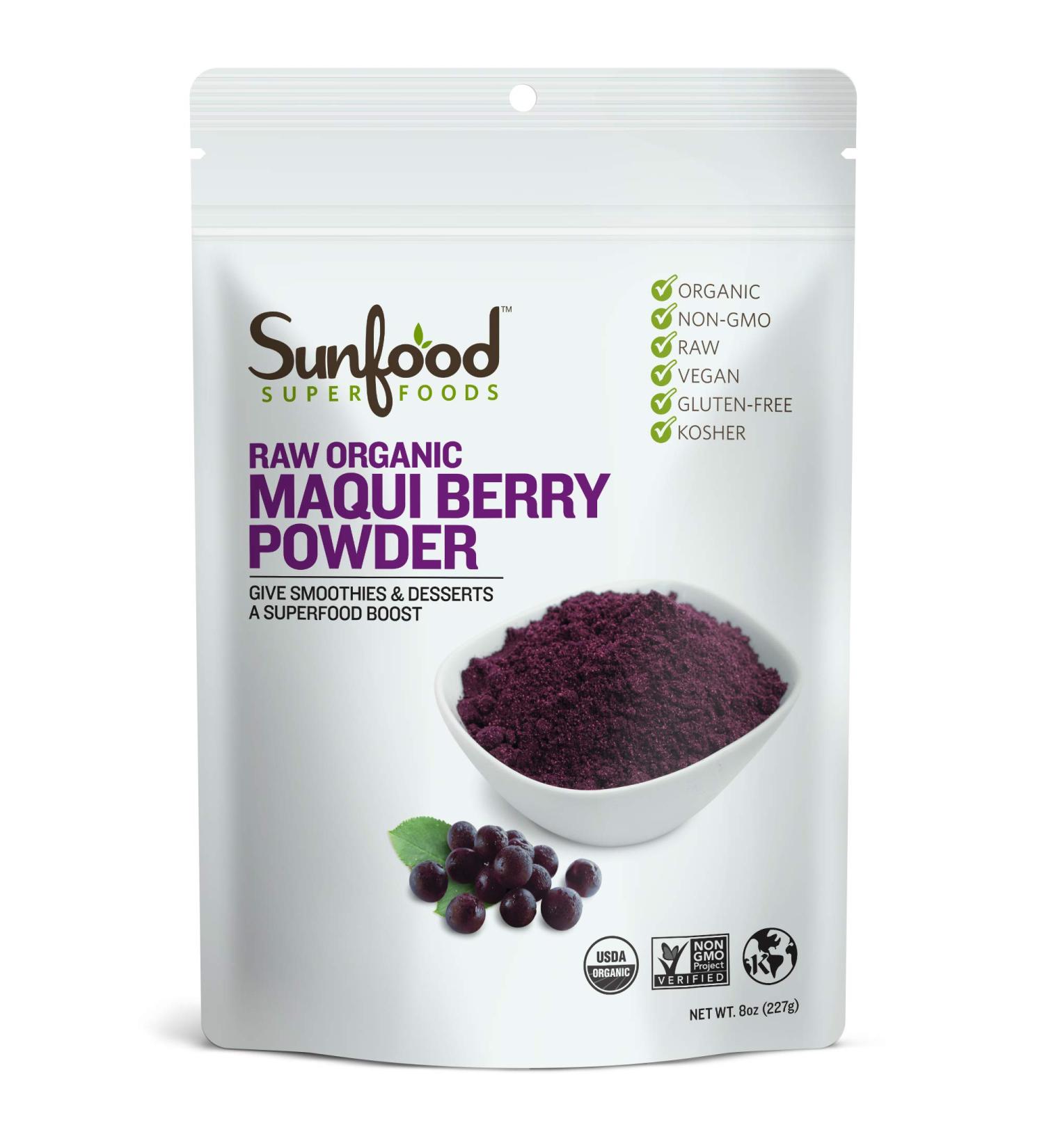 Sunfood Organic Maqui Berry Powder 8 oz - Raw Superfood for Antioxidants & Health - Buy Online on GoSupps.com