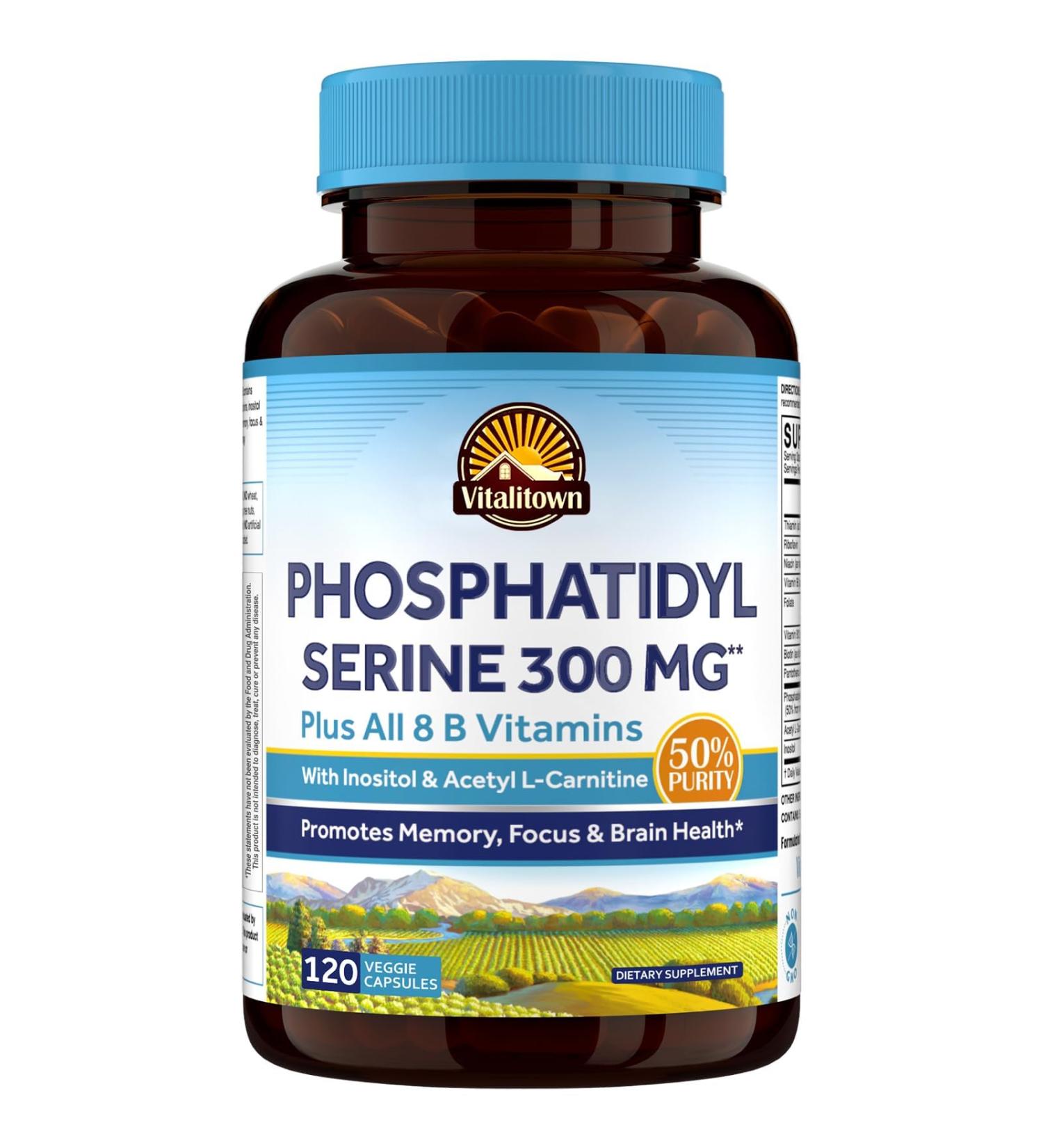 Vitalitown Phosphatidylserine 300mg Inositol Acetyl L-Carnitine Vitamin B Complex with Biotin B12 B1 B2 Niacin B5 B6 Folate Brain Supplements for Memory and Focus 120 Vegan Capsules - Buy Online on GoSupps.com