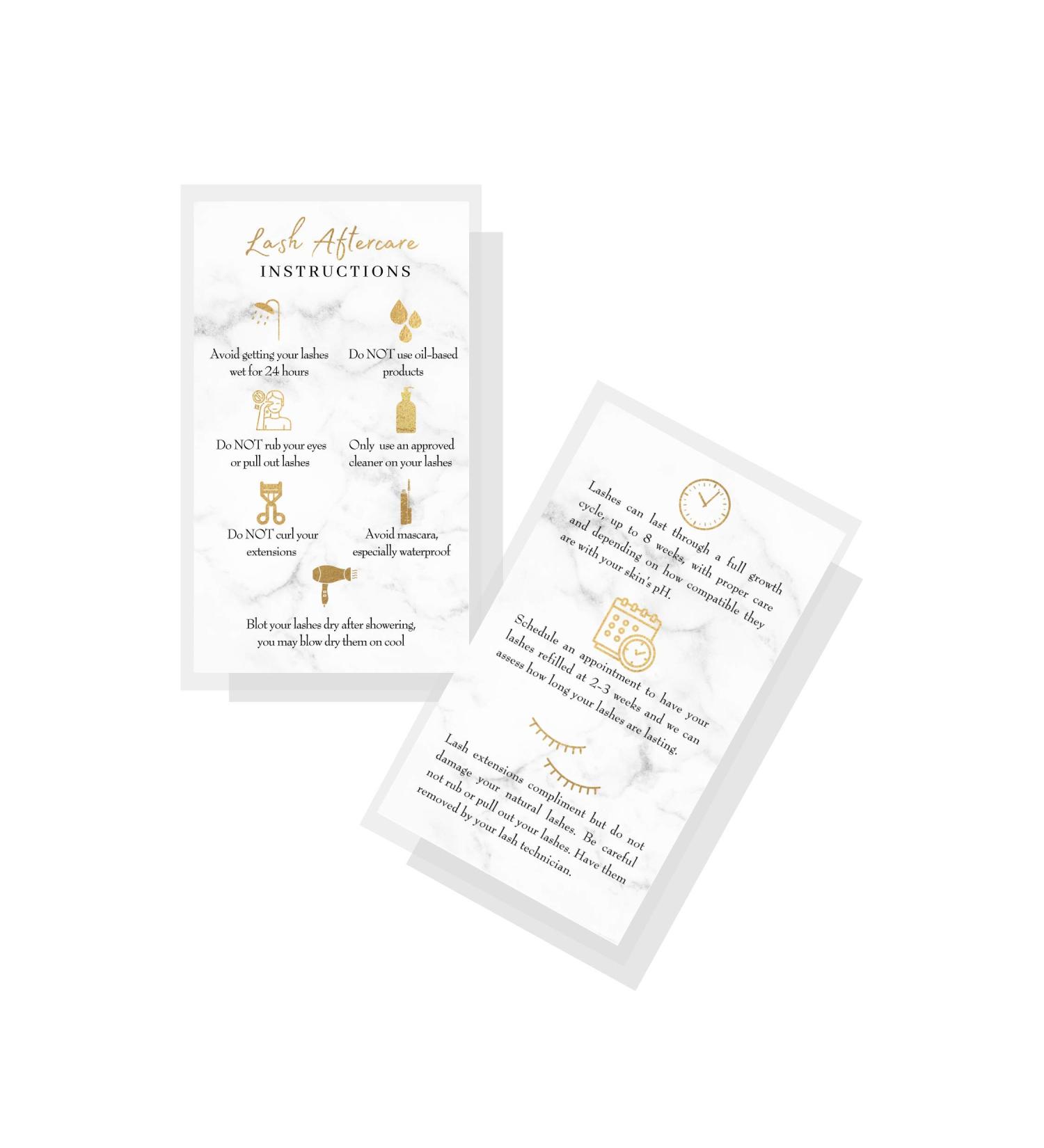 Lash Extension Aftercare Cards 50 Pack | Double Sided 3.5x2 | Marble & Gold Design | After Care Instructions for 2-3 Week Fillers - Buy Online on GoSupps.com