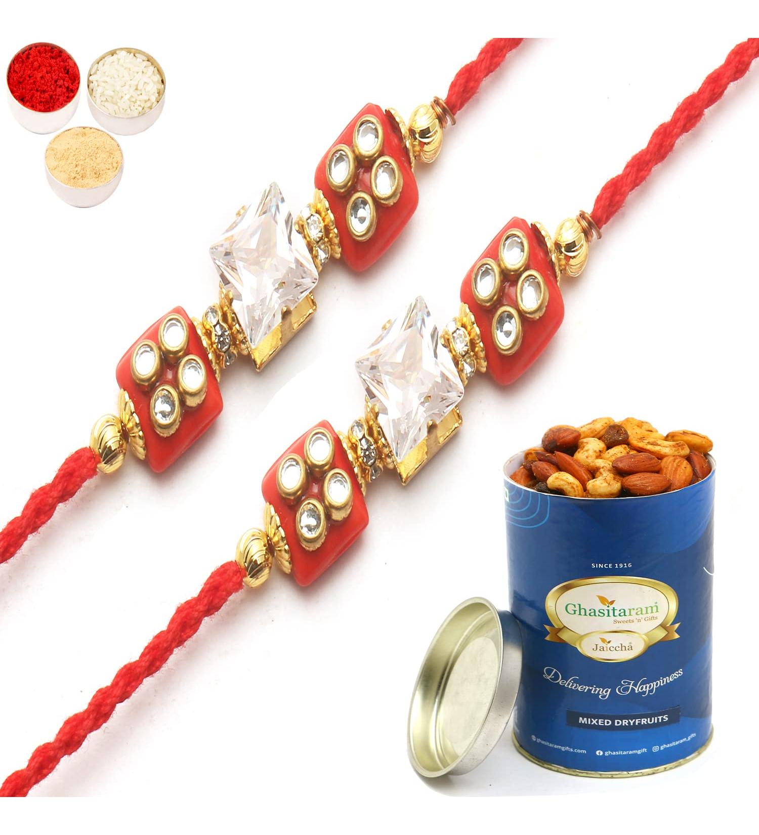 Ghasitaram Gifts Rakhi for Brother Rakhis Online - Set of 2 d209 Diamond Rakhi with 100 GMS of Dryfruits Mix Can 2 Rakhi with 100 gms of Dryfruits Mix Can - Buy Online on GoSupps.com