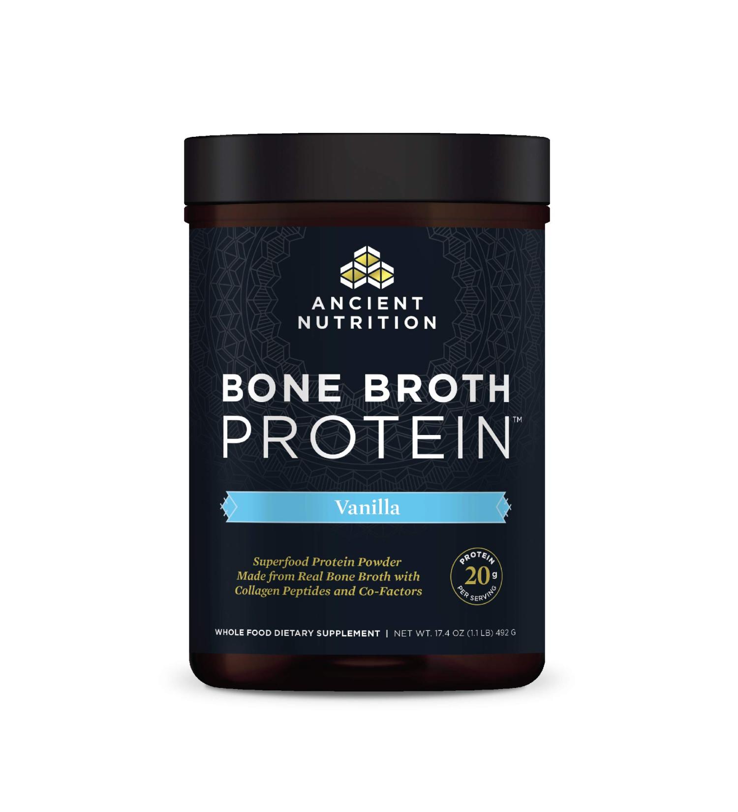 Dr. Axe Ancient Nutrition Bone Broth Protein Vanilla - 17.4 oz | Nutrient-Rich Superfood - Buy Online on GoSupps.com