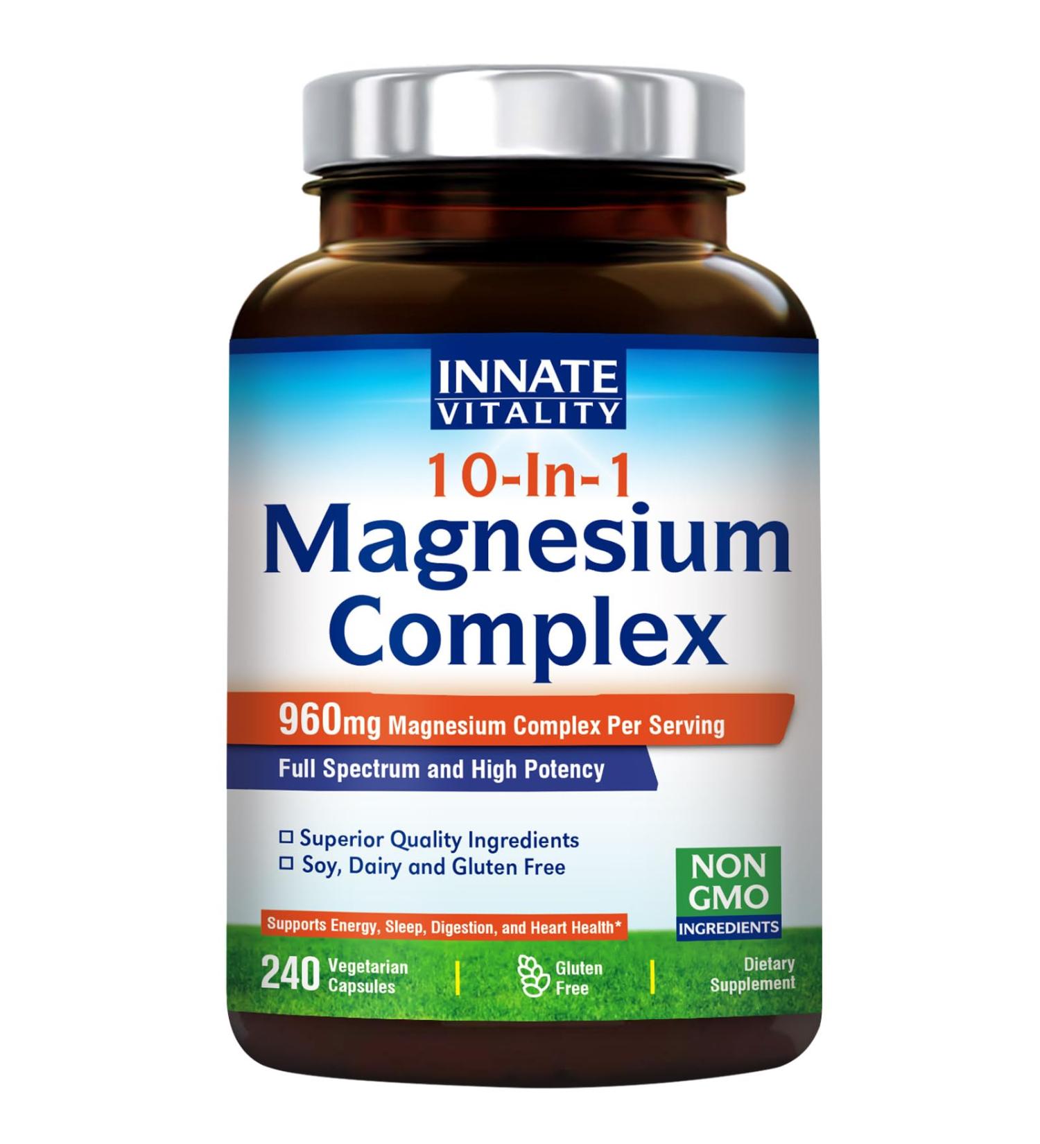 Innate Vitality 10-in-1 Magnesium Complex Supplement 420mg Elemental Magnesium per Serving Glycinate Citrate Malate Taurate & More 100% DV Sleep Digestion Energy Support 240 Vegan Capsules