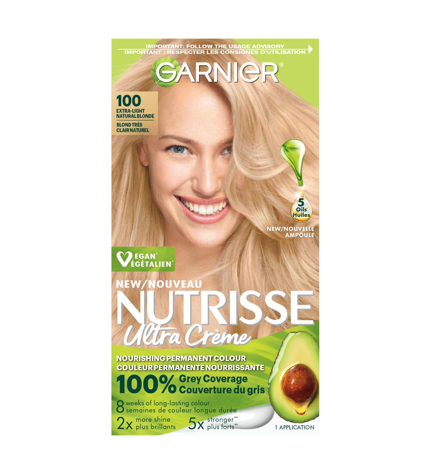 Garnier Nutrisse Ultra Cr me Permanent Hair Dye 100% Grey Coverage Vegan Formula Nourished Hair Long-Lasting Rich Colour 100 Extra Light Natural Blonde 1 Application Packaging May Vary BLONDE SHADES 100 Extra Light Natural Blonde - Buy Online on GoSupps.com