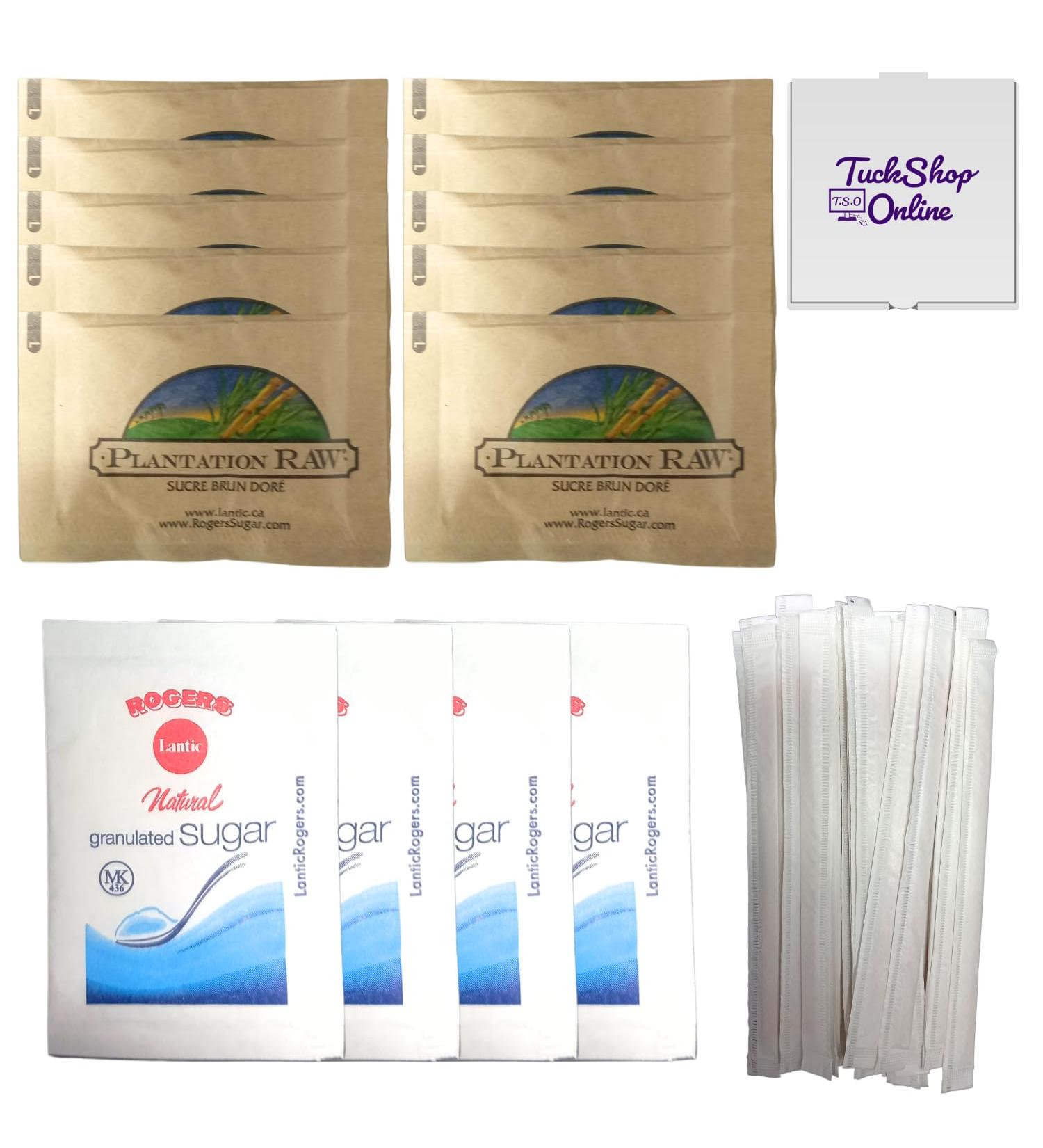 Rogers Granulated Sugar Sachets/Packets & Plantation Raw Golden Brown Sugar Packets-(400 Packets Total) with TuckShop Online Coffee Stirrers